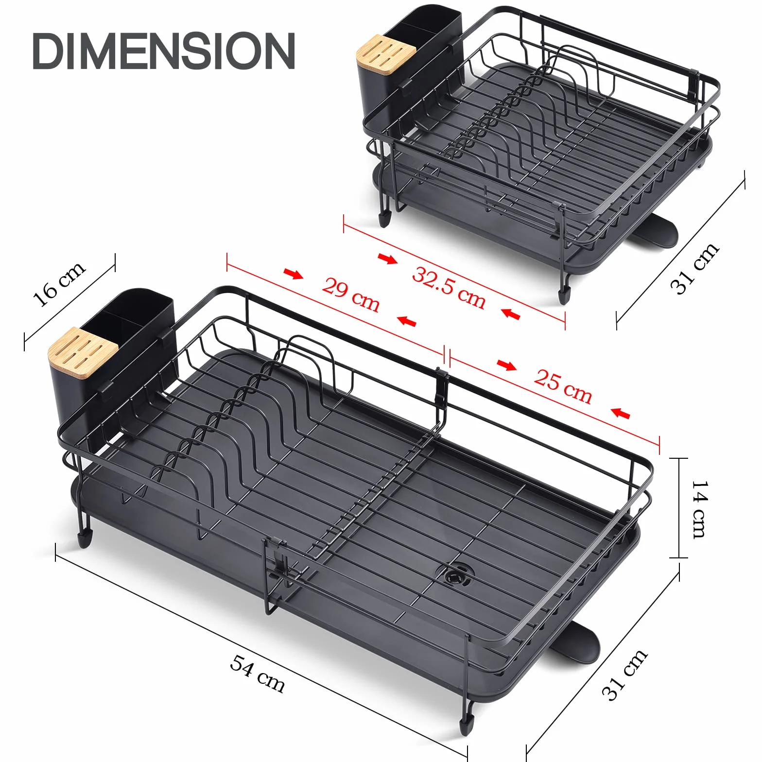 KINGRACK Escurreplatos Extensible de Gran Capacidad con Soporte para Cubiertos Extraíble, Negro