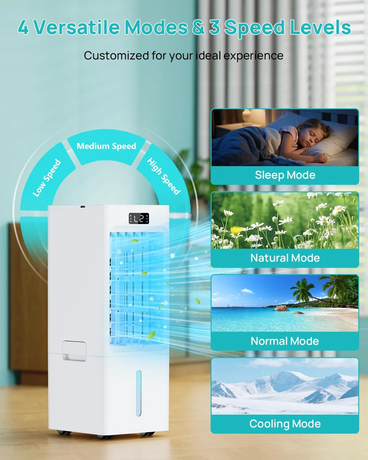 Aire Acondicionado Portatil 4 en 1, Enfriador de Aire con Tanque de 6L, 3 Modos & 3 Velocidades, Temporizador 1-12H, Oscilación,4 Packs de Hielo, Control Remoto, Portátil, Silencioso