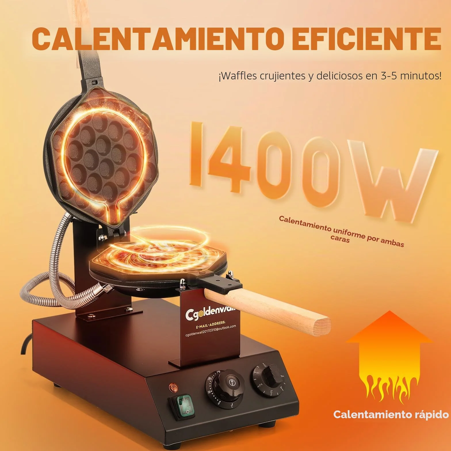 CGOLDENWALL Bubble Waffle Maker de Estilo de Hong Kong 1400W, Placa de Horneado Intercambiable y Antiadherente, Ajuste de Temperatura 0-250℃, para Cafetería/Postres/Restaurante - Incluye Recetas