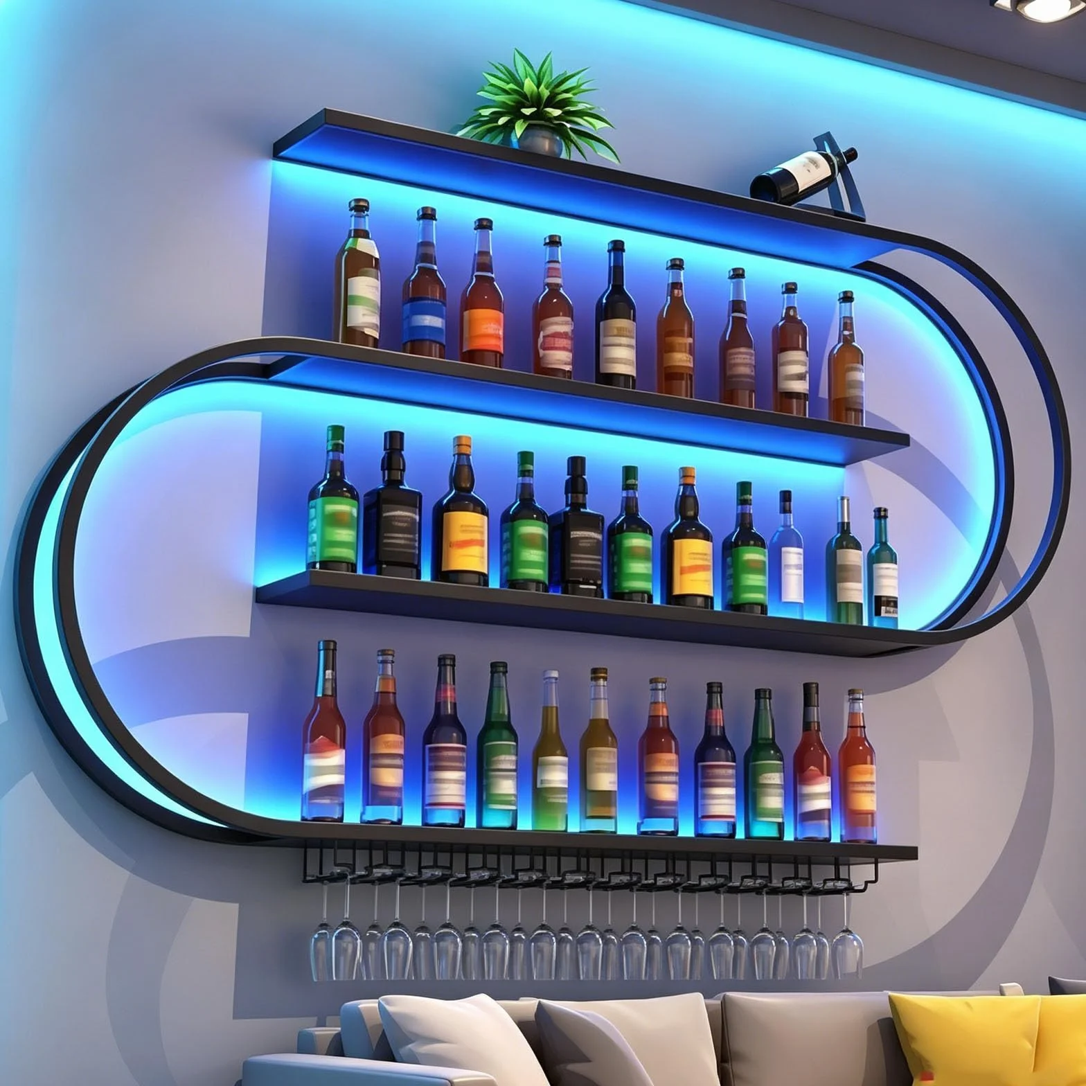Botellero de Pared, Botellero Semicircular 4 Niveles Estante Bar Flotante con Ganchos para Copas de Vino, Estante Industrial de Metal para Exhibir Botellas Adecuado para Bar Decor (Negro, 120cm)