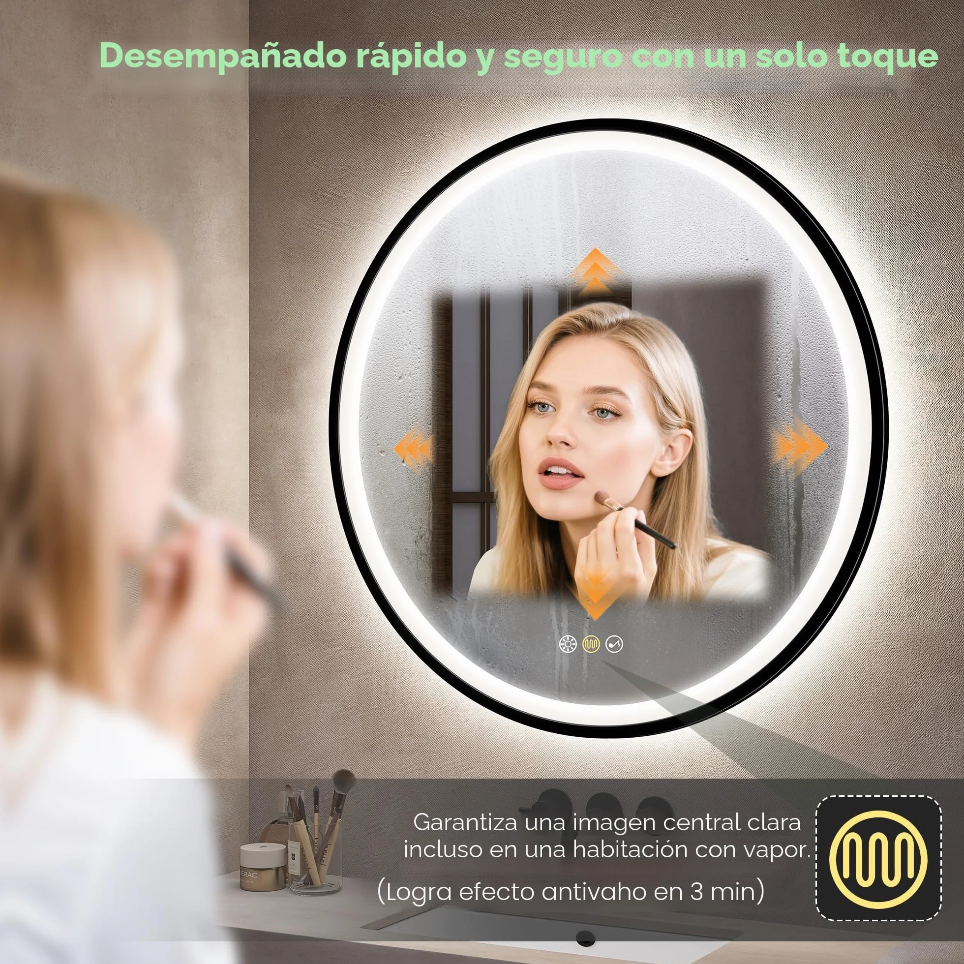 S'bagno Redondo-Espejo-Baño-con-Luz 80CM, Espejo-Baño-LED-con-Bluetooth, Antivaho, 3 Colores de Luces, Regulable, Memoria Luz, IP44, Vidrio Templado, Marco Hierro Negro