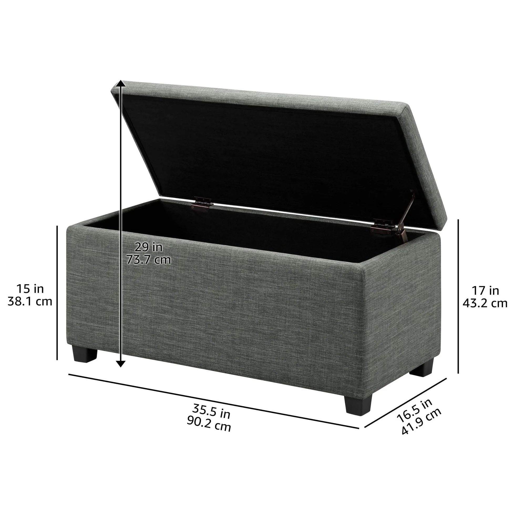 Amazon Basics Banco rectangular acolchado para entrada con almacenamiento, para dormitorio, pasillo, otomana, aspecto de lino, gris oscuro, 42 x 91 x 43 cm