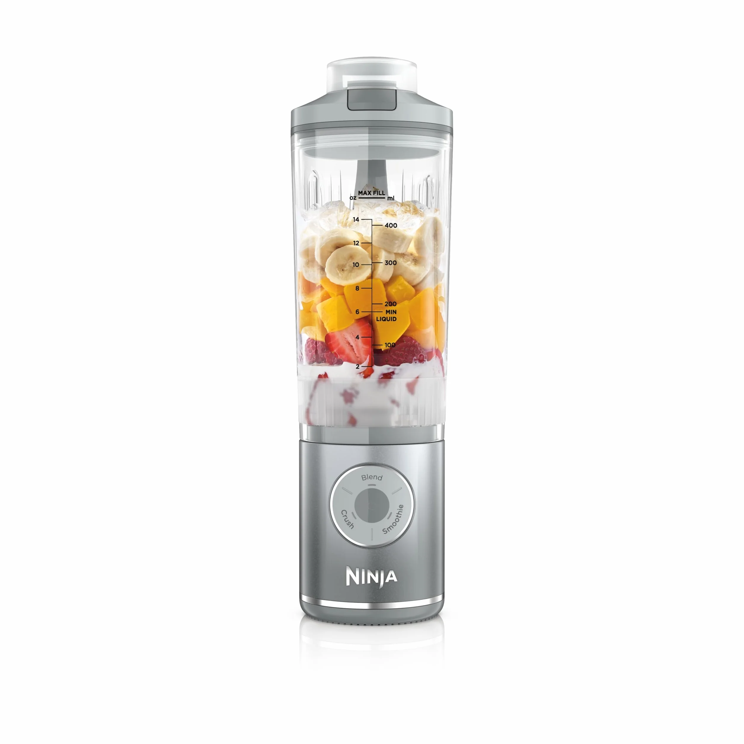Ninja Blast Max Batidora portátil de 570 ml con batería recargable, vaso para mezclas y tapa antigoteo para hacer smoothies, batidos de proteínas, picar hielo y fruta congelada, plata, BC251EUSL