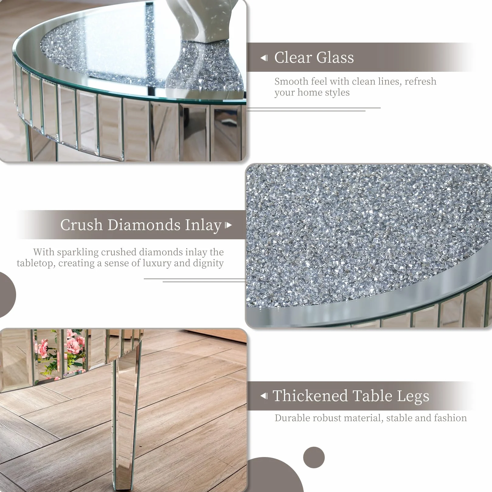 Mesa de Centro Redonda de Espejo y Diamantes: Mesa Cafe Baja Barroca Plateada Brillante Decorativas para Sofá Salón Habitacón Oficina 80x80x46cm
