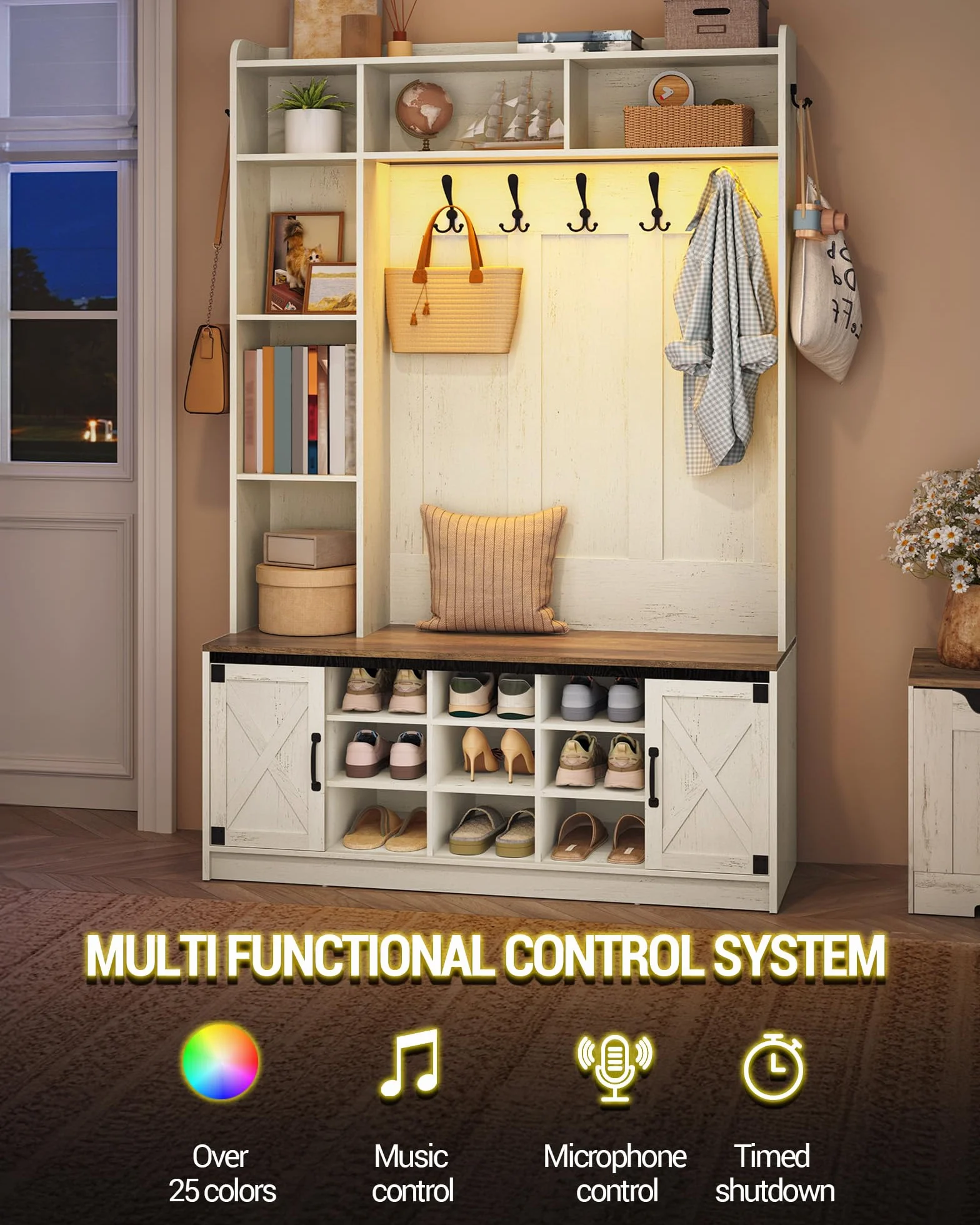 Hzuaneri Perchero LED con Banco de Zapatos, Mueble de Entrada, Estantes Ajustables, 15 Compartimentos Abiertos, 7 Ganchos, para Entrada, Pasillo, Blanco y Marrón HT24614XEU
