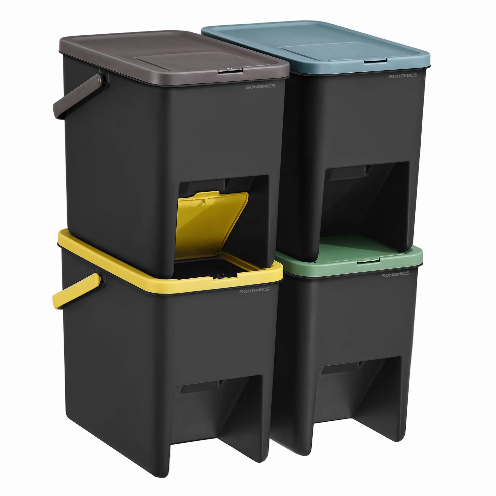 SONGMICS Cubo de Basura, Juego de 4 Cubos Apilables, Papeleras, 20 L Cada, Sistema de Separación Residuos, Tapas Apertura a Presión, Pegatinas, Almacenaje, Amarillo, Azul, Marrón y Verde LTB760BZ01