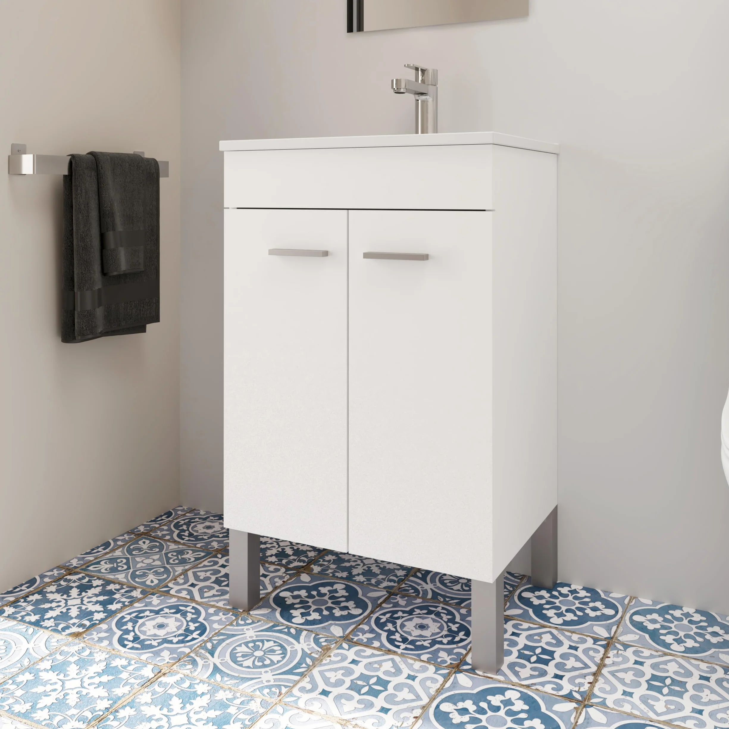 Baikal Mueble de Baño 2 Puertas 50cm Blanco con Lavabo Cerámico y Espejo