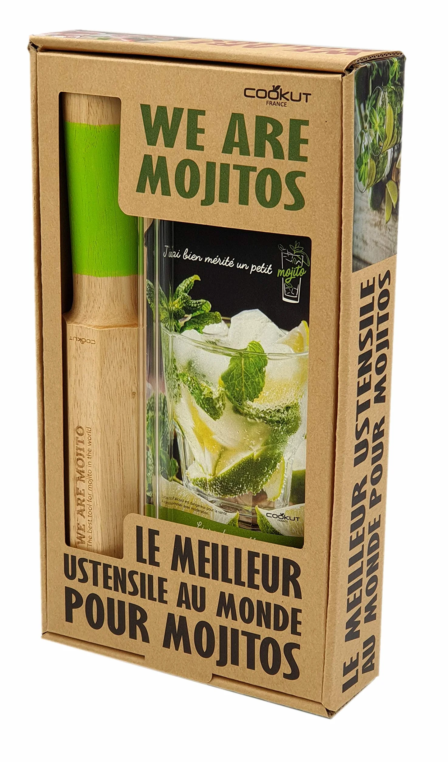 COOKUT - Set de regalo We are Mojito - La herramienta Mojito del mundo - Haz deliciosos mojitos caseros - Herramienta 4 en 1 - Paquete de 2 pajitas de vidrio y 1 libro de recetas