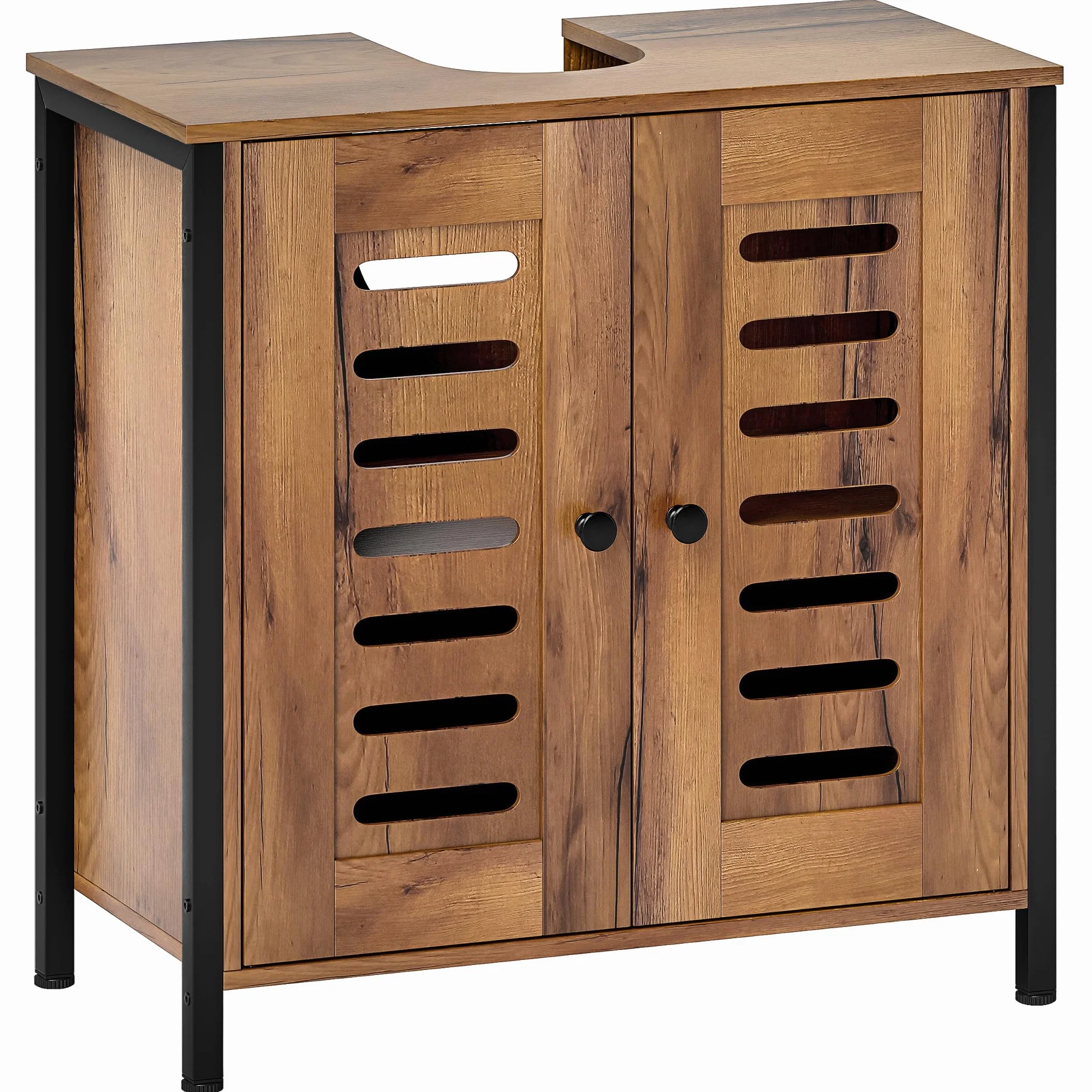 HOMCOM Mueble Bajo Lavabo Industrial con 2 Puertas de Lamas y Cierre Magnético, Estante Regulable, para Lavabos sin Pedestal, Mueble de Baño 60x30x60 cm Marrón Rústico