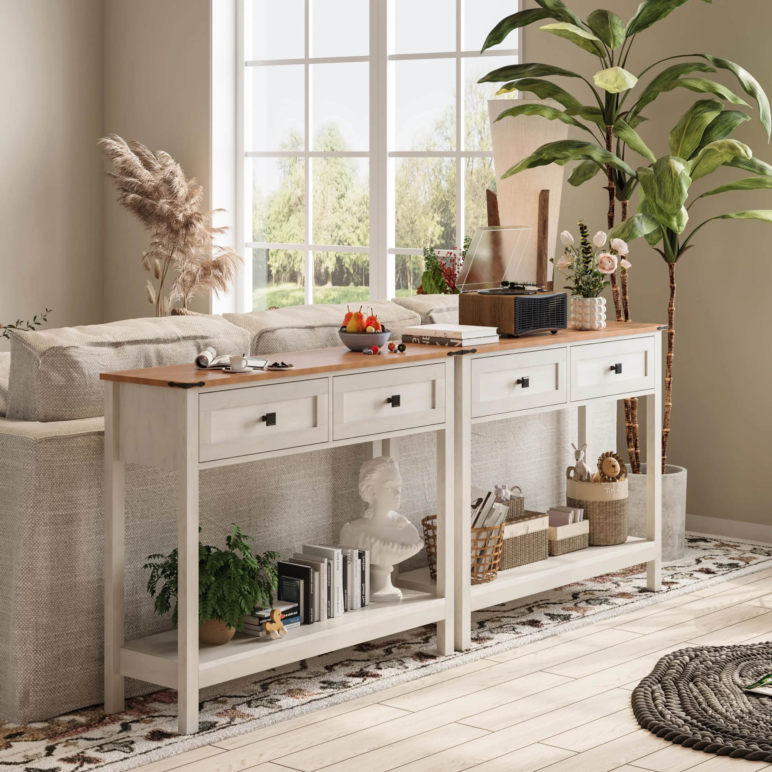 Trironsun mesa consola rústica con 2 cajones para pasillo, mesa de sofá rústica con estante abierto, pasillo de madera para dormitorio y sala de estar (blanco antiguo)