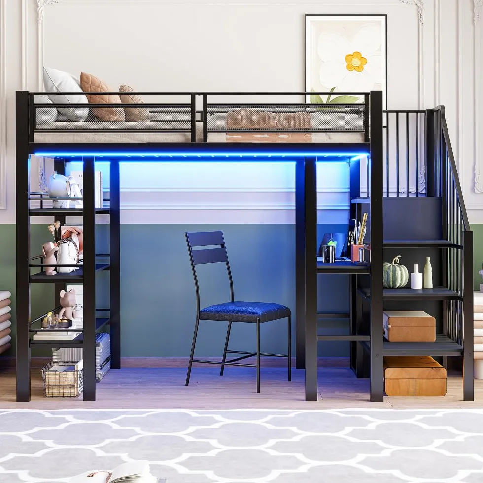 Cama alta de 90 x 200 cm con tira luminosa LED y toma de corriente, cama de hierro forjado con compartimento de almacenamiento y librería, cama individual de metal multifuncional, sin colchón