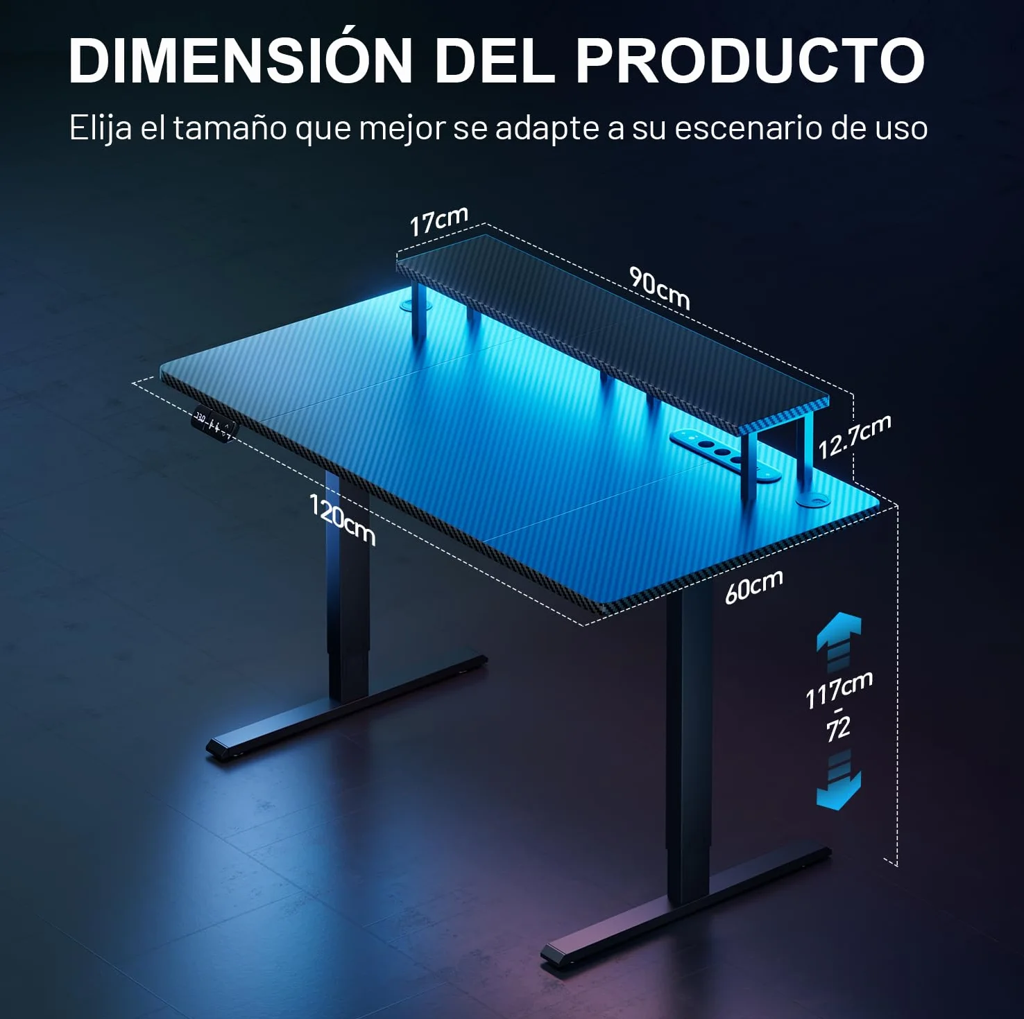 HLFURNIEU Escritorio Elevable Electrico LED 120 x 60 cm, Mesa Gaming con Toma de Corriente, Soporte para Monitor, 2 Control de Memoria, Superficie de Fibra de Carbono, Escritorio Gaming Negro