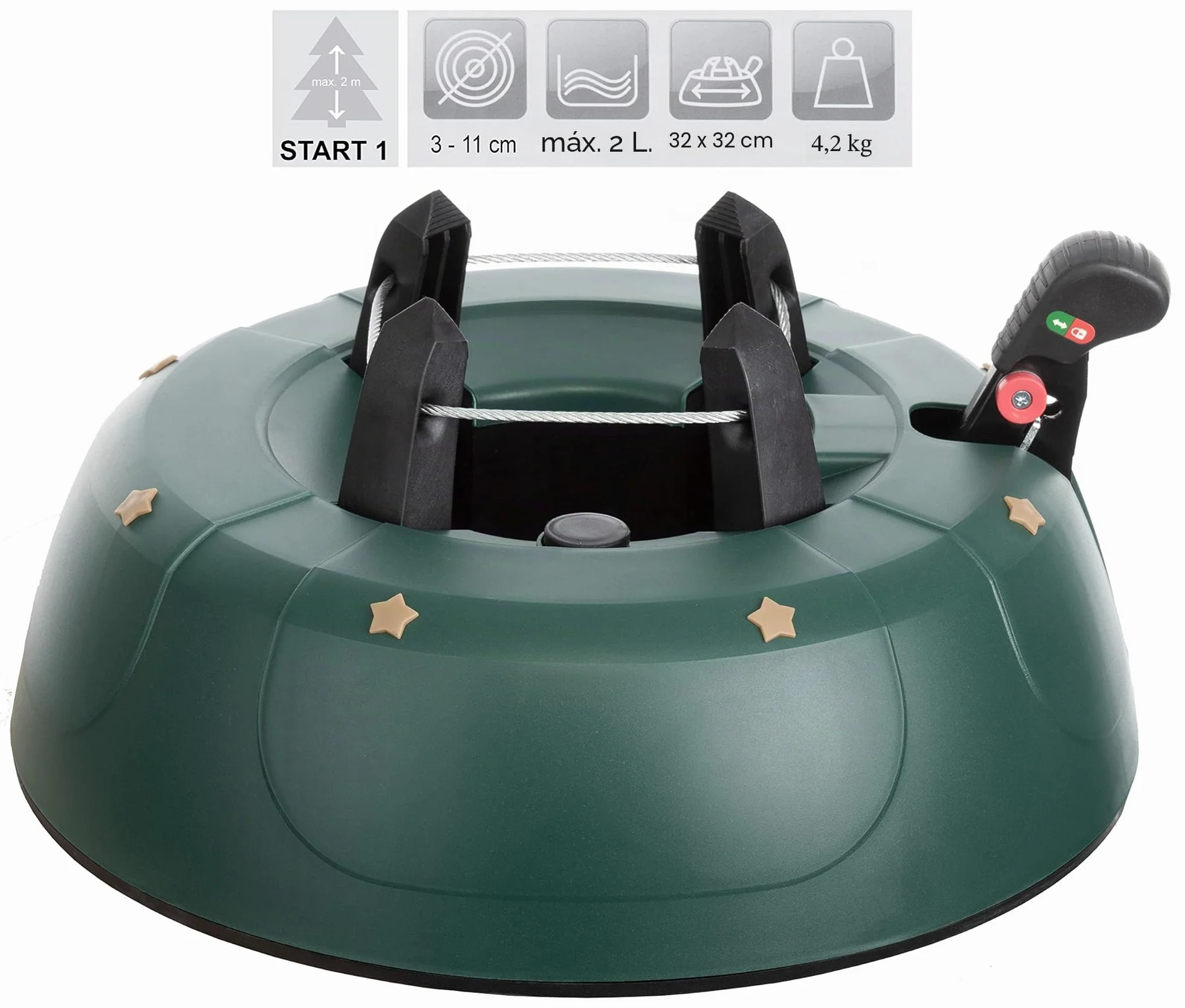 Brandsseller Soporte para árbol de Navidad, hasta 2 m, con mecanismo de palanca de pie, técnica de una cuerda y sistema de seguridad, verde