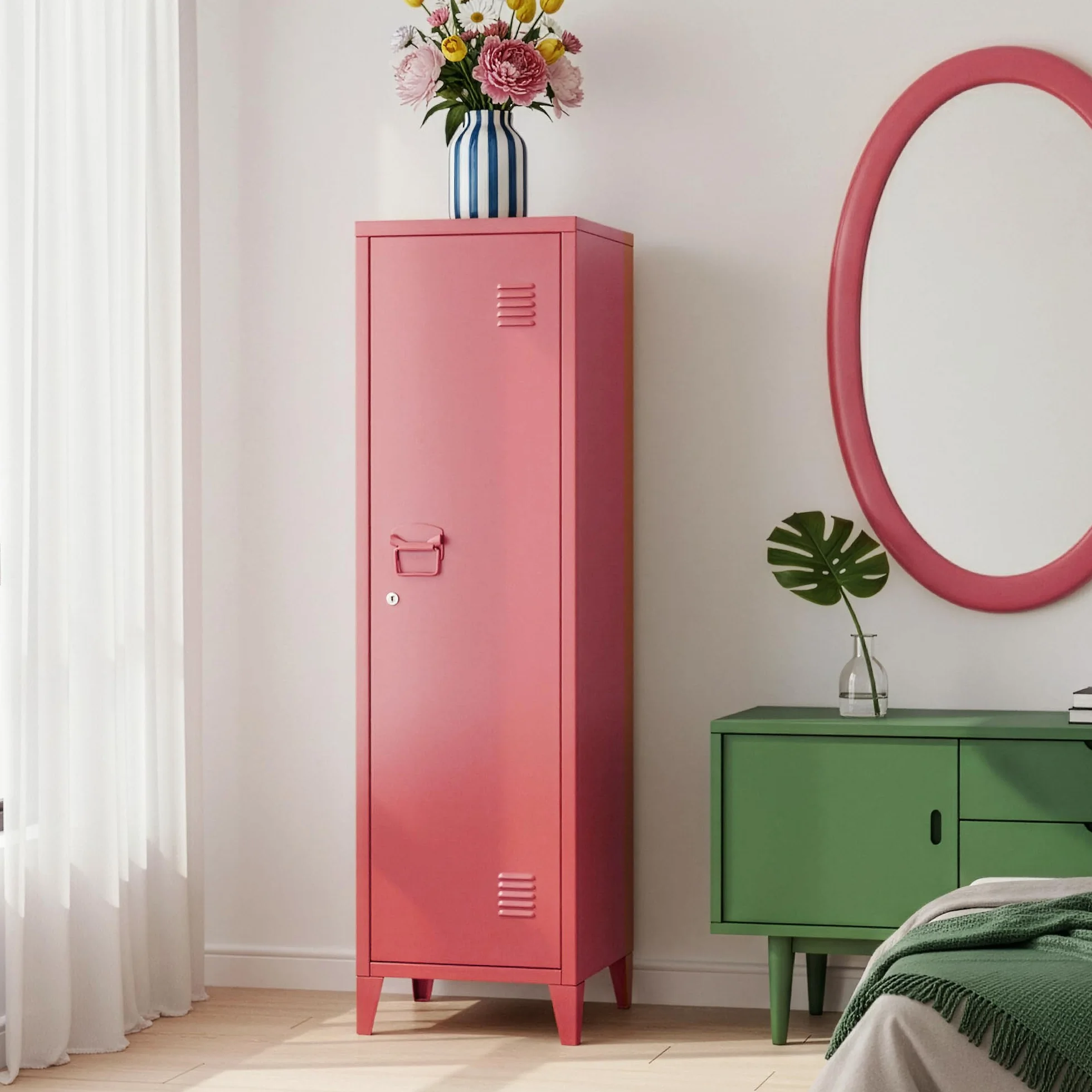 [en.casa] Casillero Metálico Kurikka con 2 Llaves Guardarropa Armario de Taquilla con 3 Compartimientos Cerradura Magnética y Patas 137 x 38 x 38 cm Acero - Rojo sandía