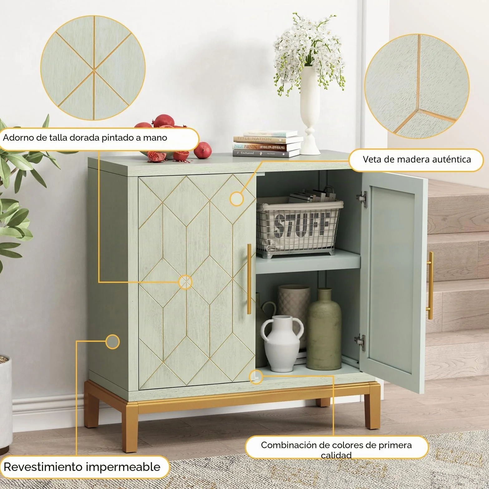 HOLTICO Armario de cocina, armario de baño, armario de salón, armario verde con estante ajustable, armario independiente para cocina, baño, salón, garaje, líneas doradas y patas