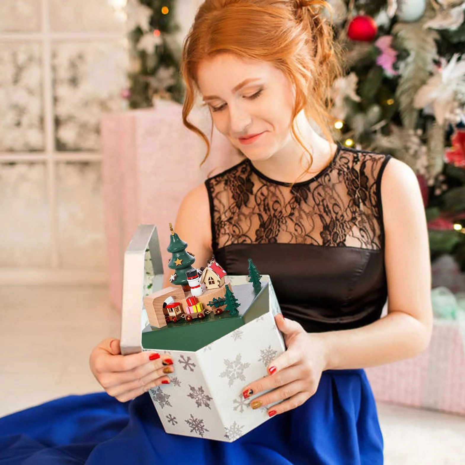 de música de Navidad, musical de madera, de música, tren magnético | decoración navideña, artesanía de escritorio, de música con tren móvil, ligera, para interiores, coleccionable