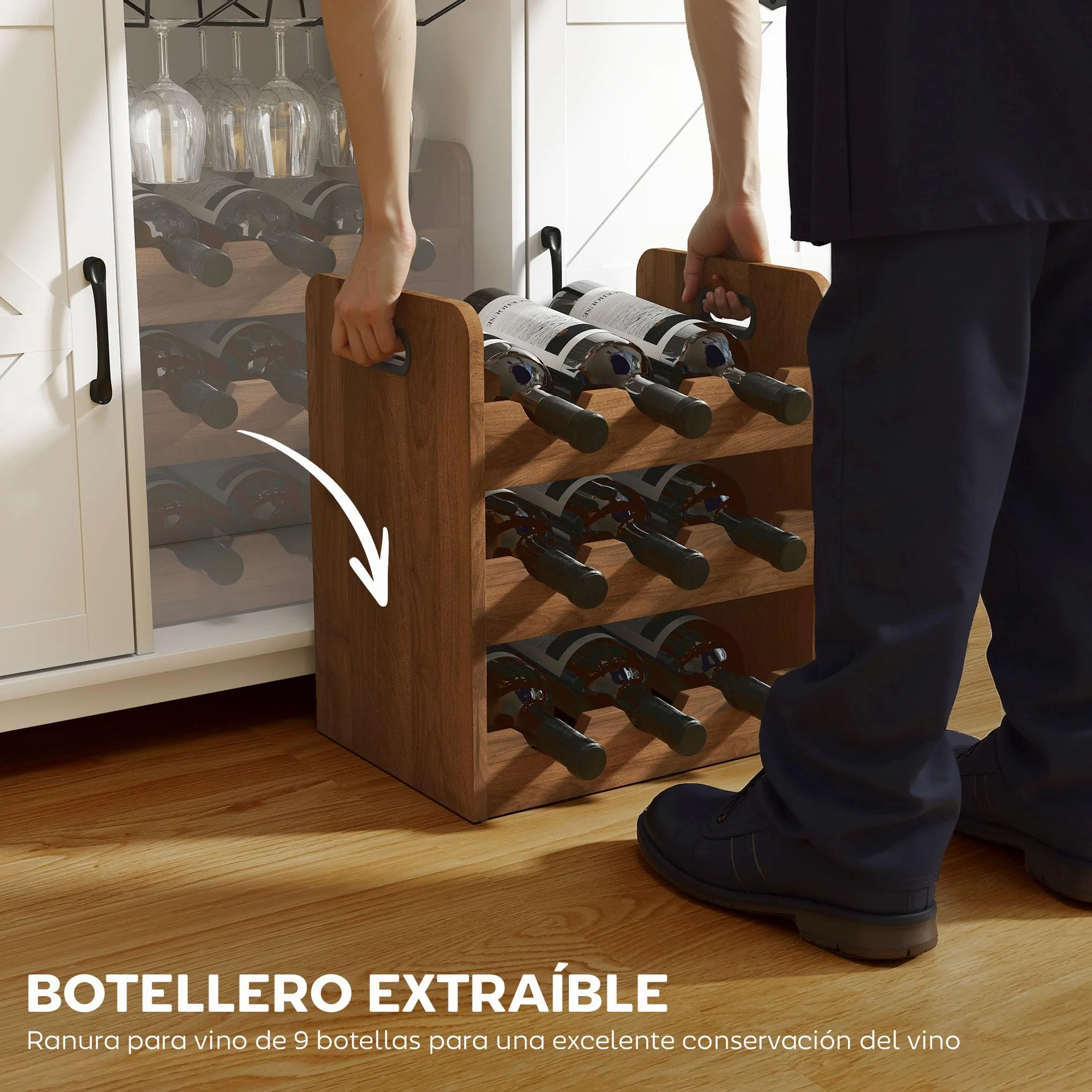 HOMCOM Aparador de Cocina con Botellero, 2 Puertas de Granero, Estantes Ajustables, Soporte para Copas para 9 Botellas, 120x37x88 cm Blanco