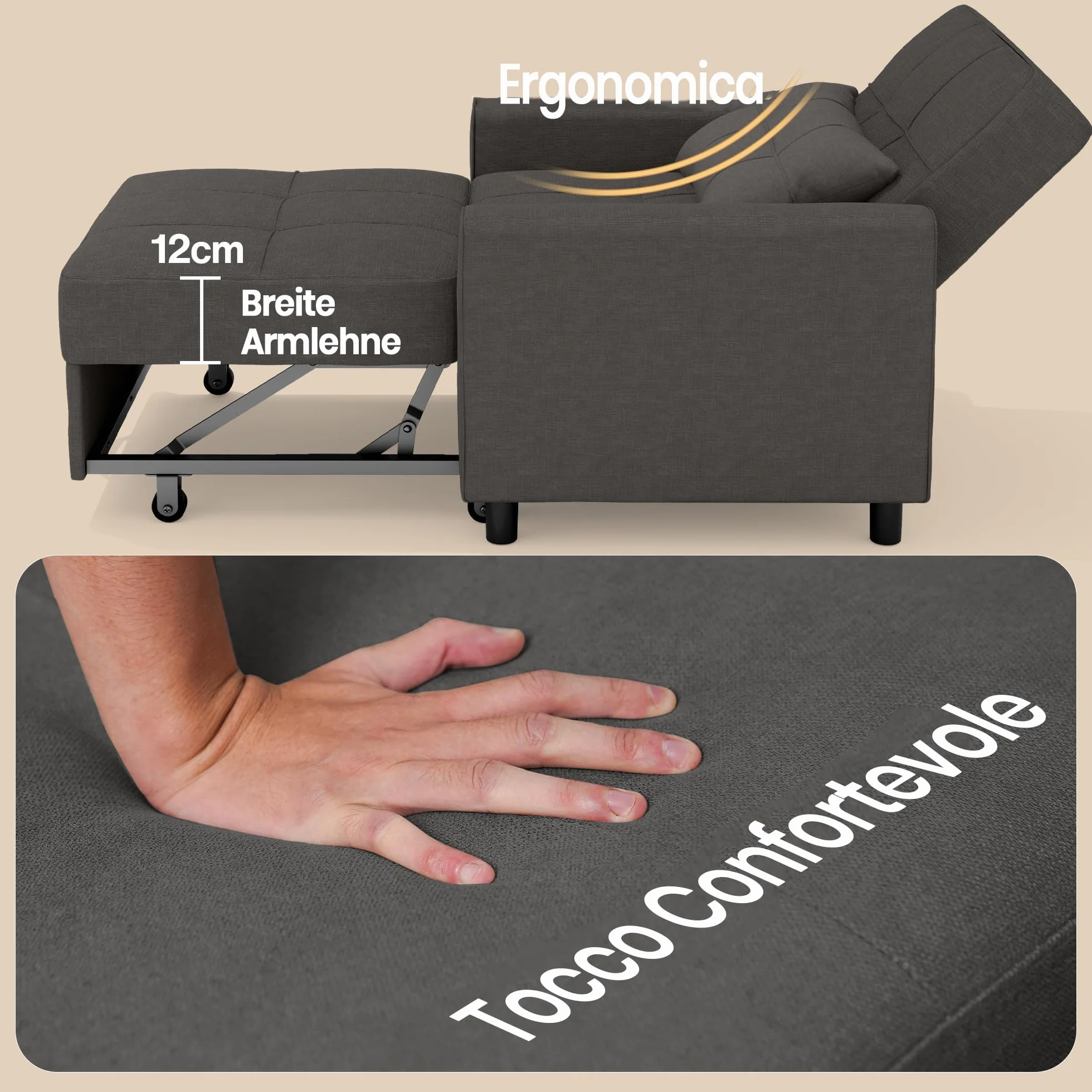 Bealife Sillón Relajante, sillón Cama con Respaldo Ajustable, sillón Cama Individual, sillón reclinable para salón, Dormitorio, balcón y Oficina(Gris Oscuro) (Dark Grey)