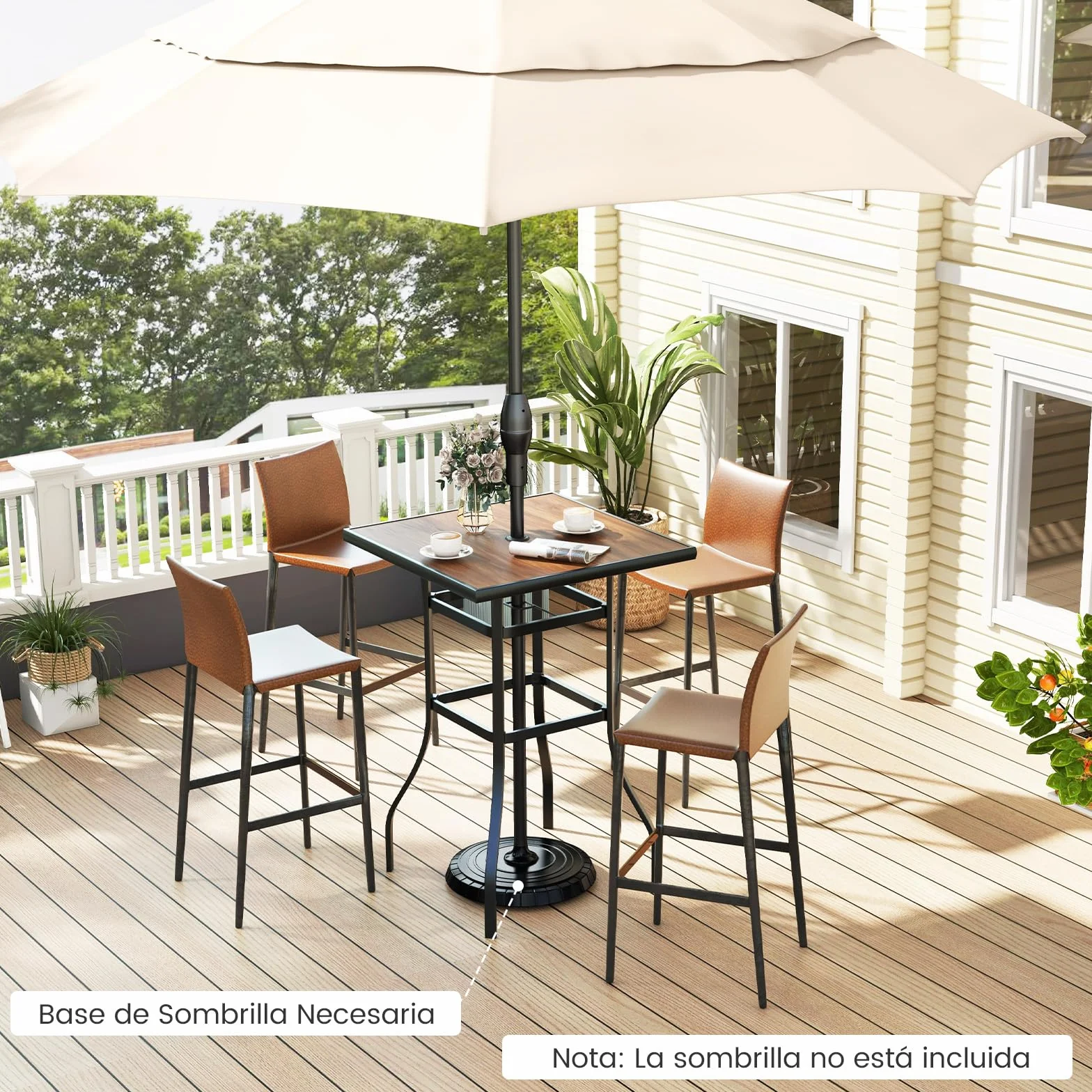 COSTWAY Mesa Alta Cocina, Mesa Alta Cuadrada 70cm, Mesa Bar con Orificio para Sombrilla de 39 mm, Estructura de Metal, Mesa Alta Exterior Jardin Terraza