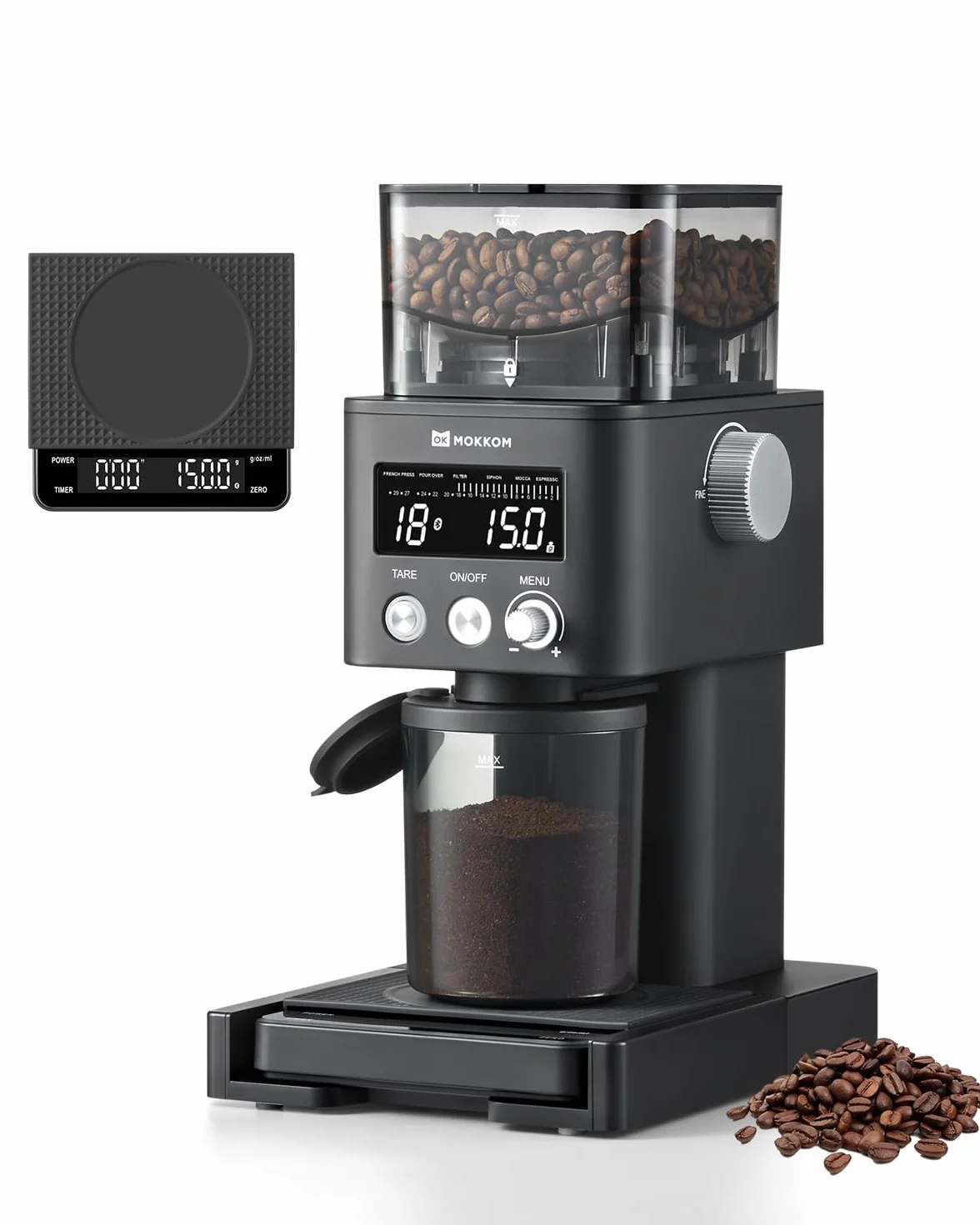 MOKKOM - Molinillo de café con báscula de café extraíble a través de conectividad Bluetooth, molino cónico antiestático, 31 ajustes precisos para expreso, goteo, vertido, cerveza fría, prensa francesa