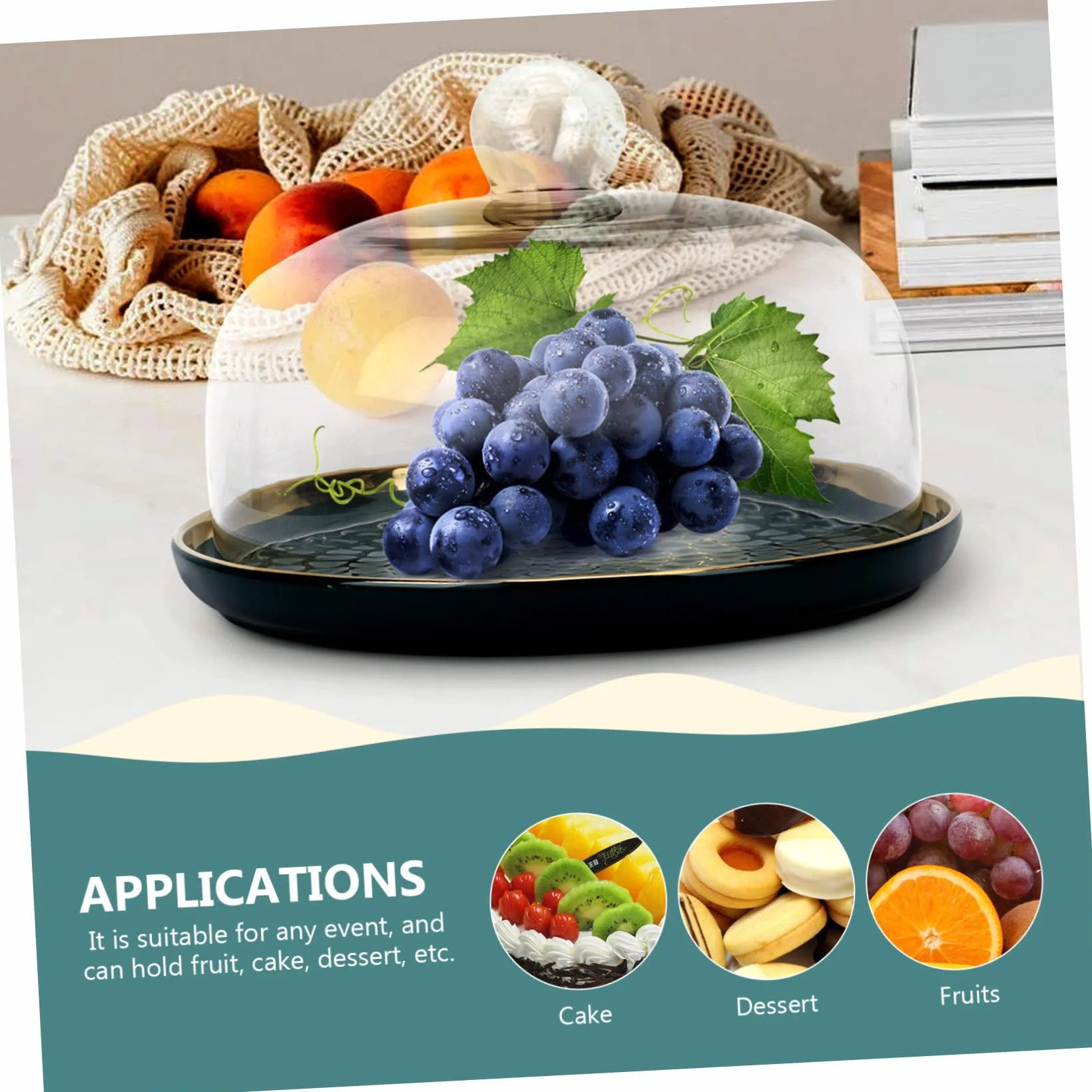 KICHOUSE Juego de Bandeja de Postres y Plato para Almacenar Frutas con Tapa de Vidrio, Bandeja de Cerámica Segura y Elegante para Fiestas Familiares y Bodas