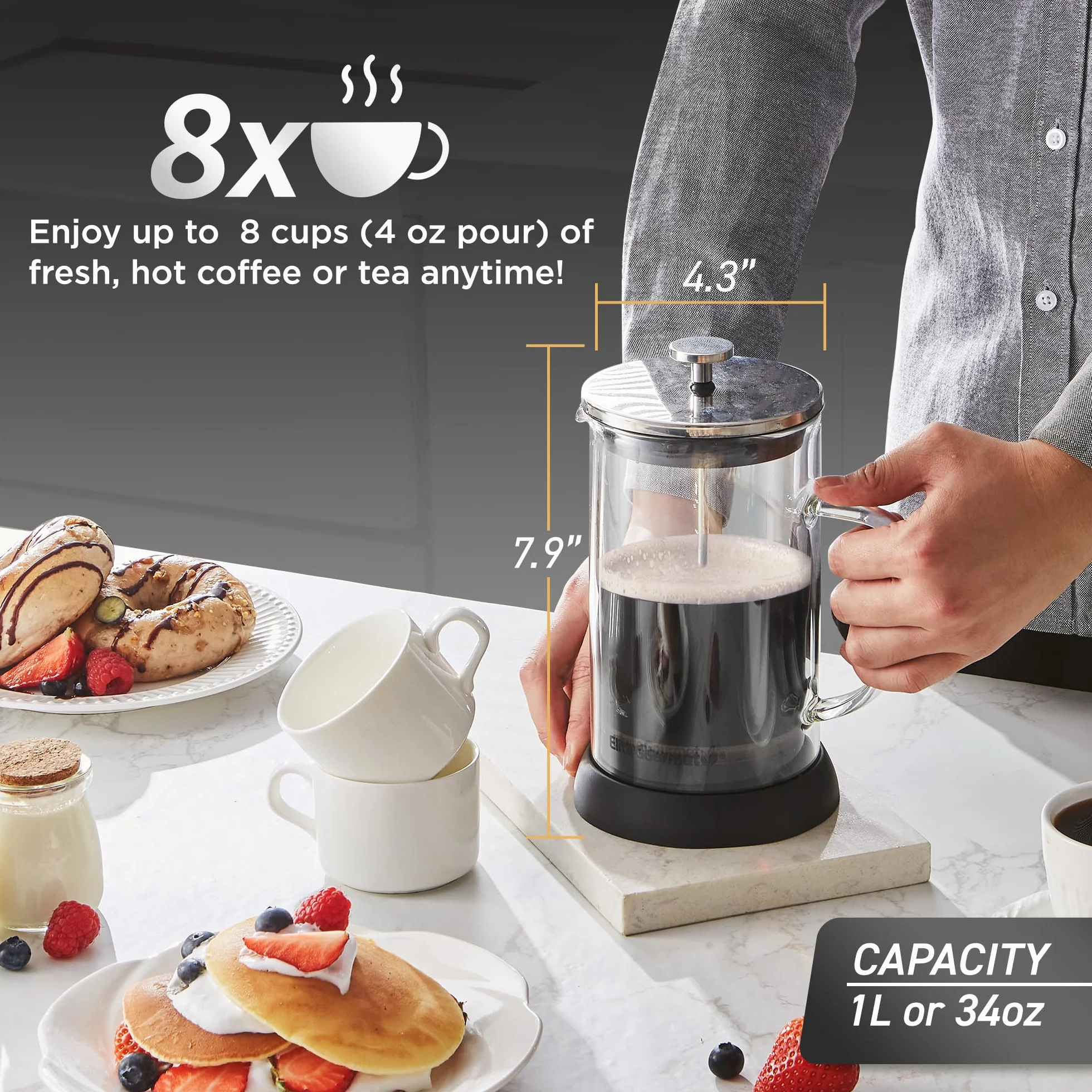 Elite Gourmet FP1223 - Cafetera de prensa francesa de 1 litro, jarra de vidrio de borosilicato aislada de doble pared, montaje de filtro/émbolo de acero inoxidable apta para lavavajillas, base de