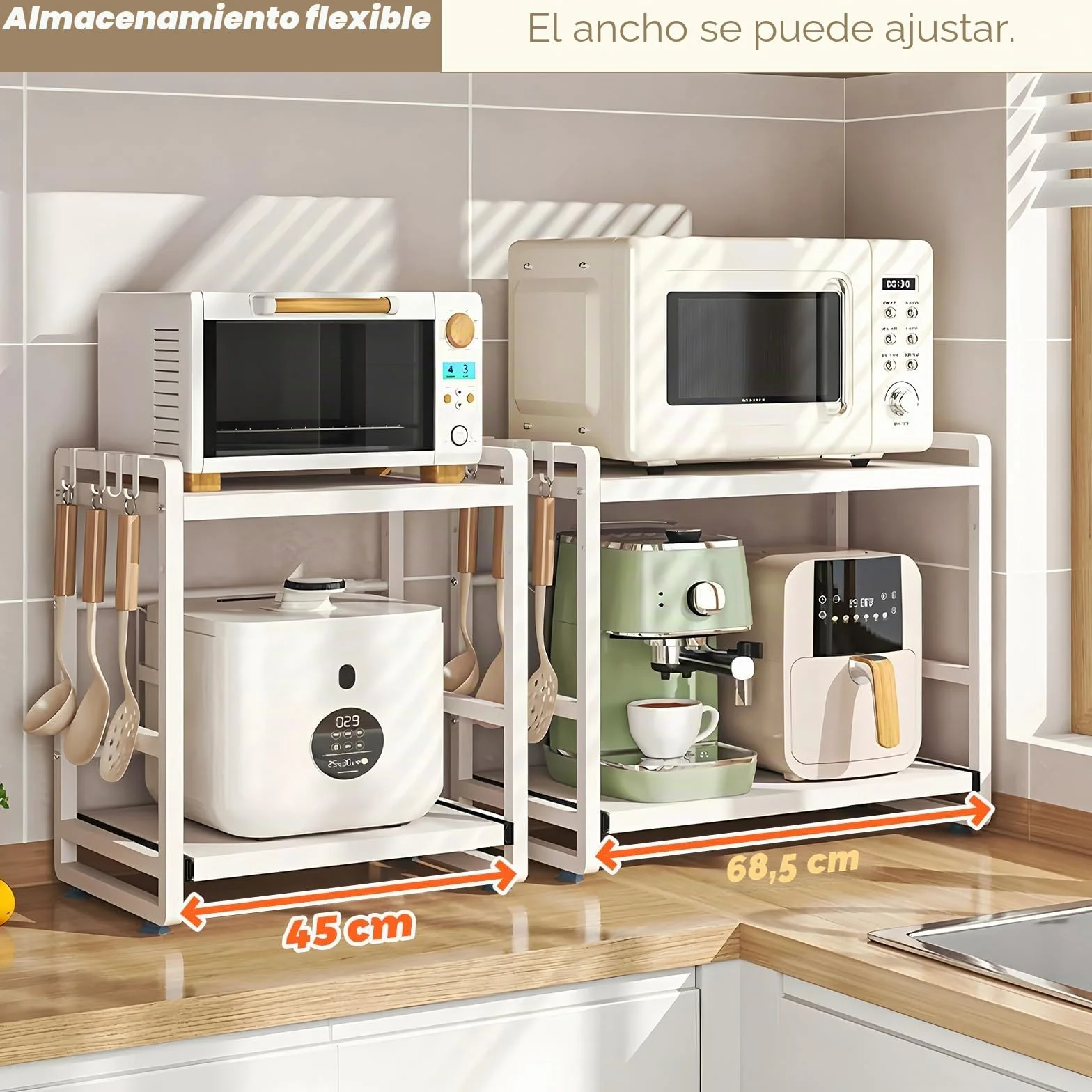 Estante de cocina con 2 niveles, altura ajustable y estante extensible con cajón, acero al carbono, ganchos y ventosas de refuerzo, fácil montaje, color blanco