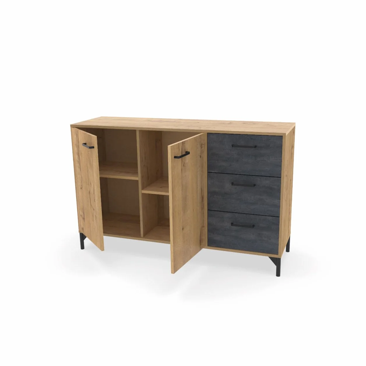 Aparador Salón Comedor, Buffet, Mueble Auxiliar, 2 puertas y 3 Cajones, Roble Gold combinado con imitacón mármol negro, 85x135x40cm, Despensa, Cocina, Despacho, Moderno, Industrial, modelo Nantes