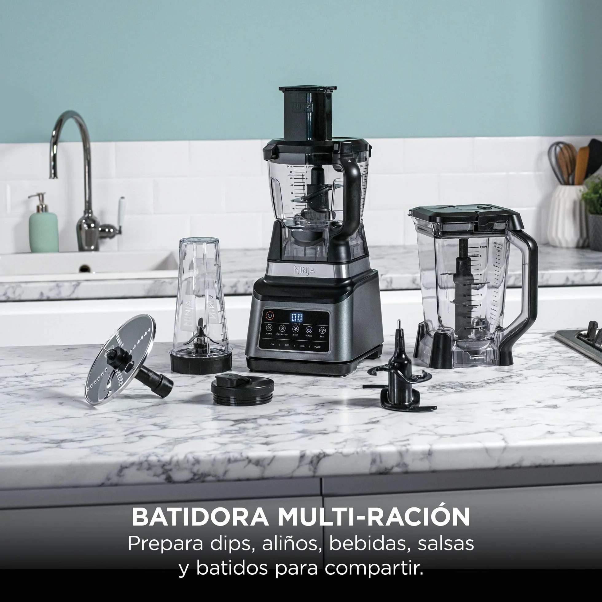 Ninja Procesador de alimentos 3 en 1, 1200 W, batidora multifunción, 5 programas automáticos, bol 1,8 l, jarra 2,1 l, vaso 700 ml, tecnología Auto-iQ, piezas aptas para lavavajillas, Negro, BN800EU