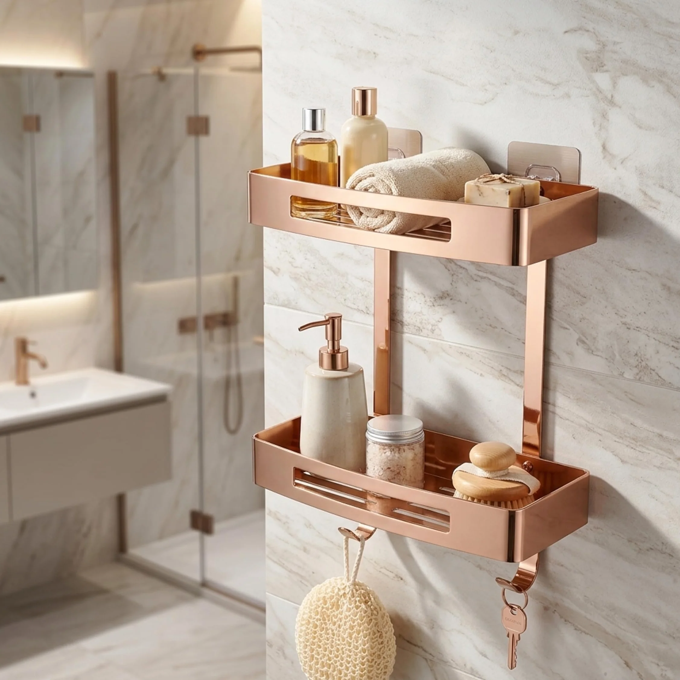 Estante esquinero para baño, carrito de ducha de doble nivel, organizador de pared adhesivo de acero inoxidable 304 con ganchos, oro rosa sin taladro