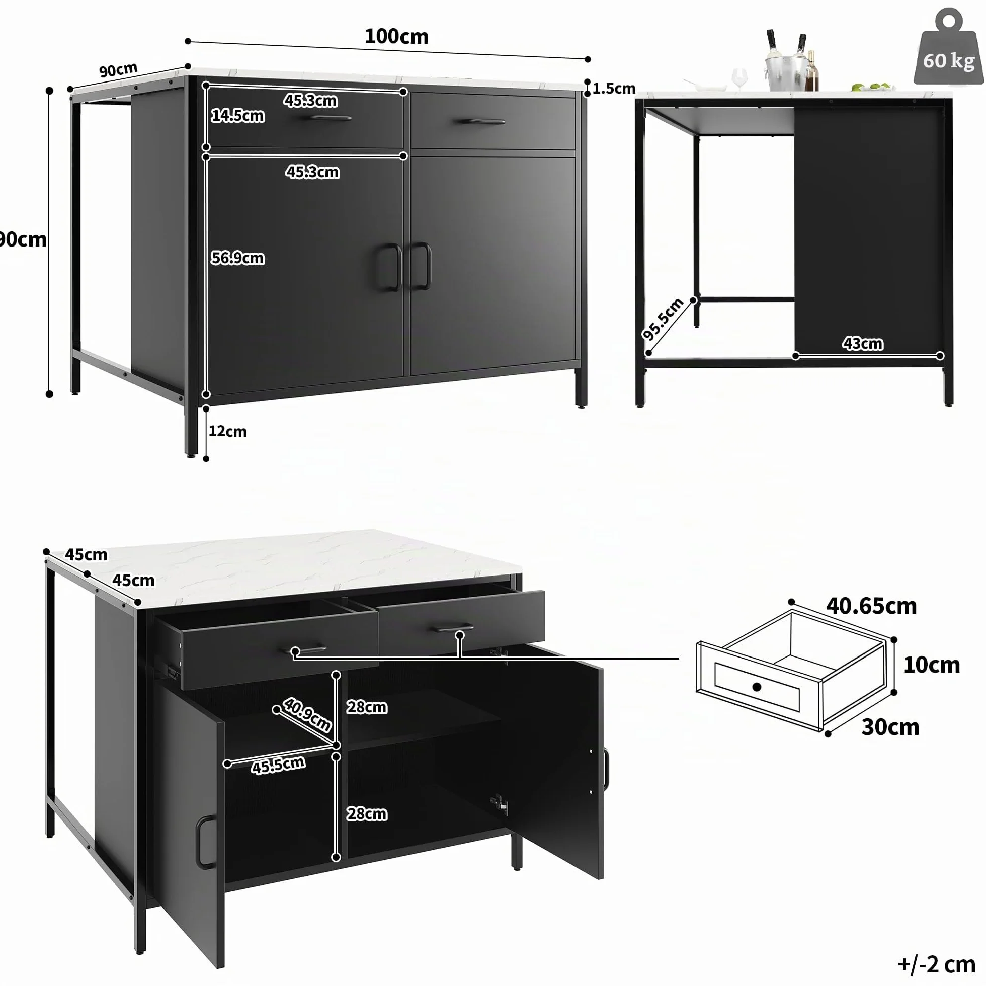 Isla de cocina, armario de cocina con 2 cajones, mesa de desayuno, bar, isla de cocina con estantes, isla de cocina, isla de cocina con encimeras de mármol, 100 x 90 x 90 cm, patas ajustables