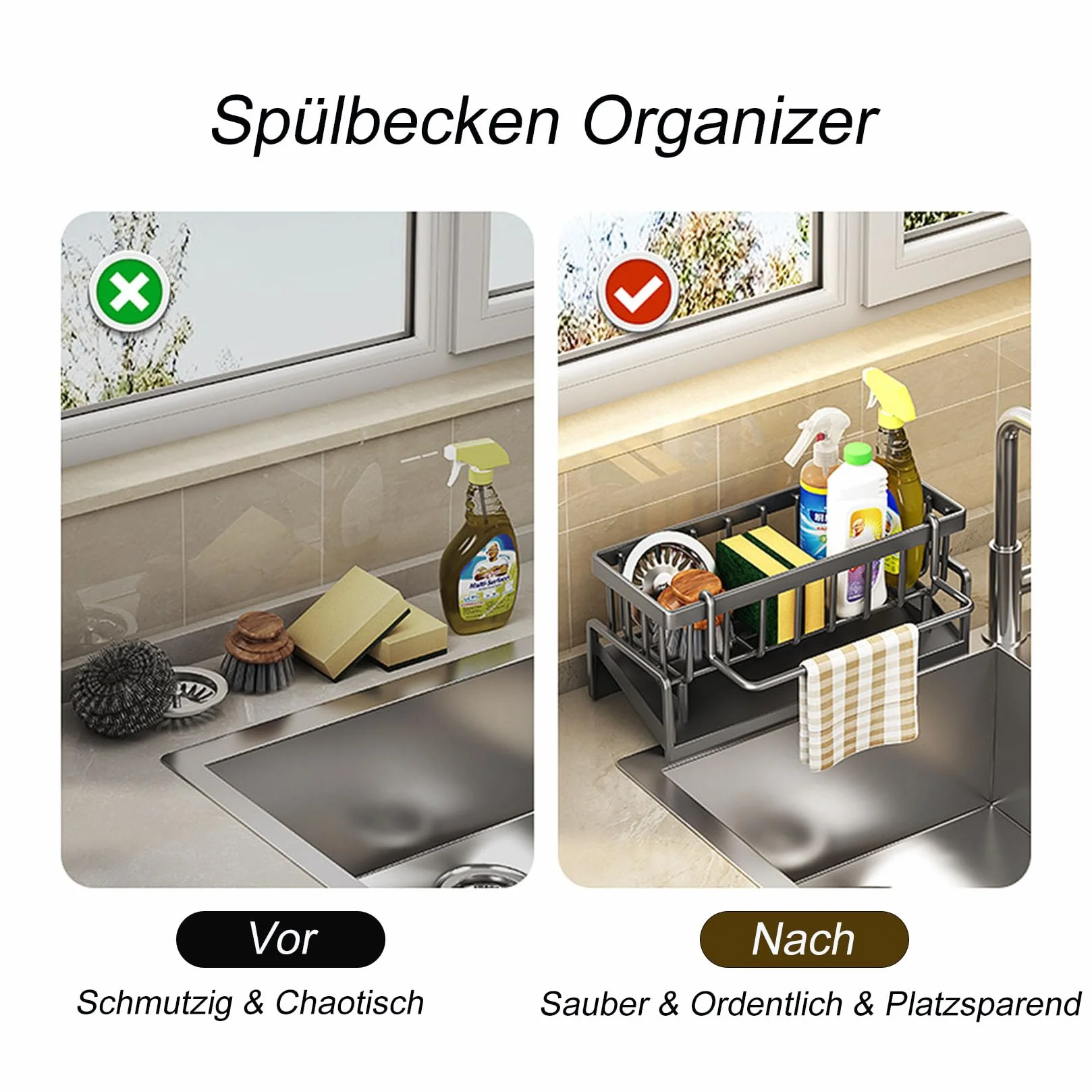 ViWaVee Organizador Cocina con Bandeja de Drenaje Autodrenante Negra