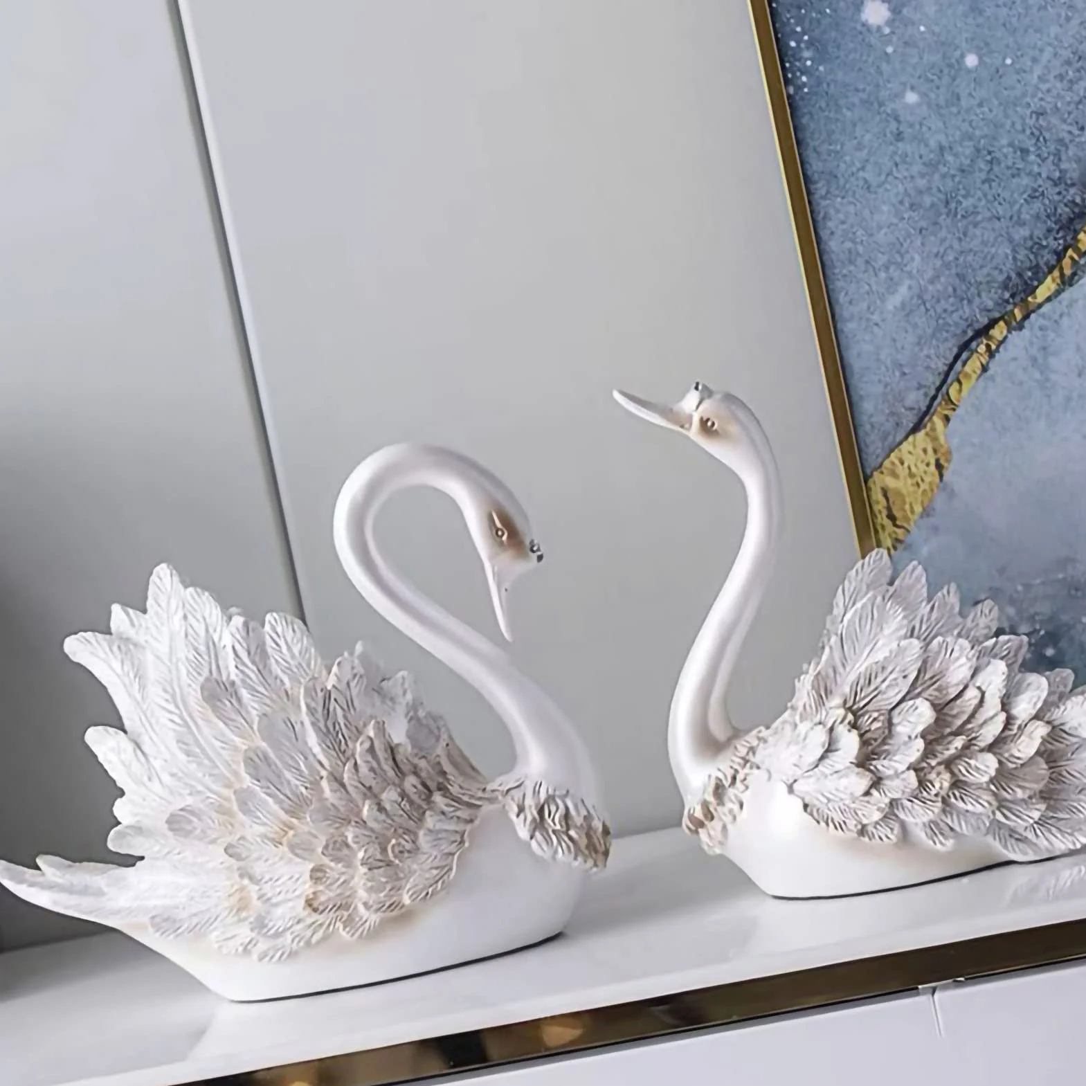 Fdit Conjunto Moderno de Adornos de Cisne para Decoración del Hogar, Regalos de Boda, Sala de Estar, Mueble de TV, Elegante Resina Sintética, 9,1x5,5x8,3 Pulgadas (Perla Blanca)