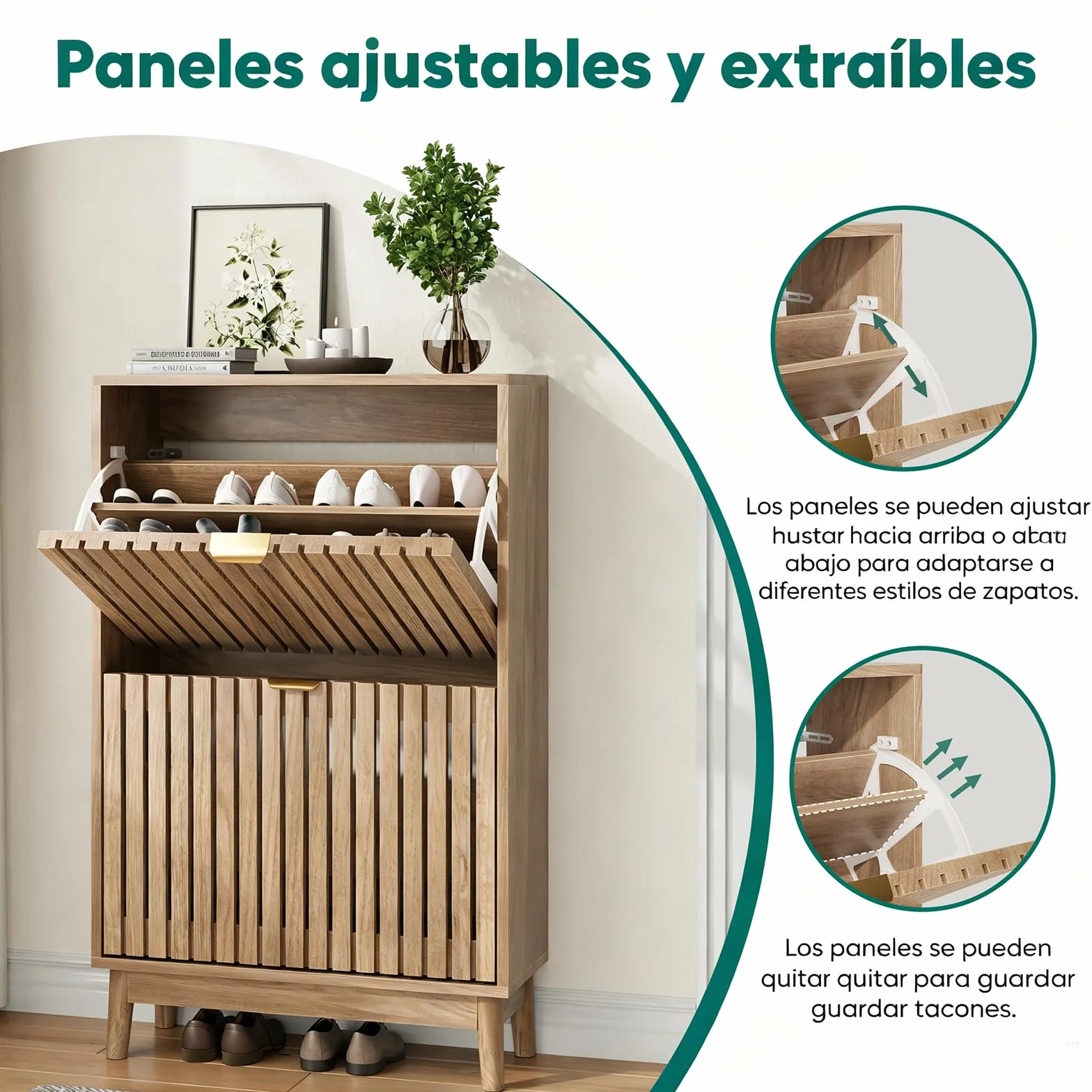 Kiasthome Mueble Zapatero de Madera con 2 Cajones Abatibles, Organizador de Zapatos con Puertas Rejilladas Ventiladas, Zapatero Moderno para Entrada, Pasillo y Salón (Natural, 60 cm)