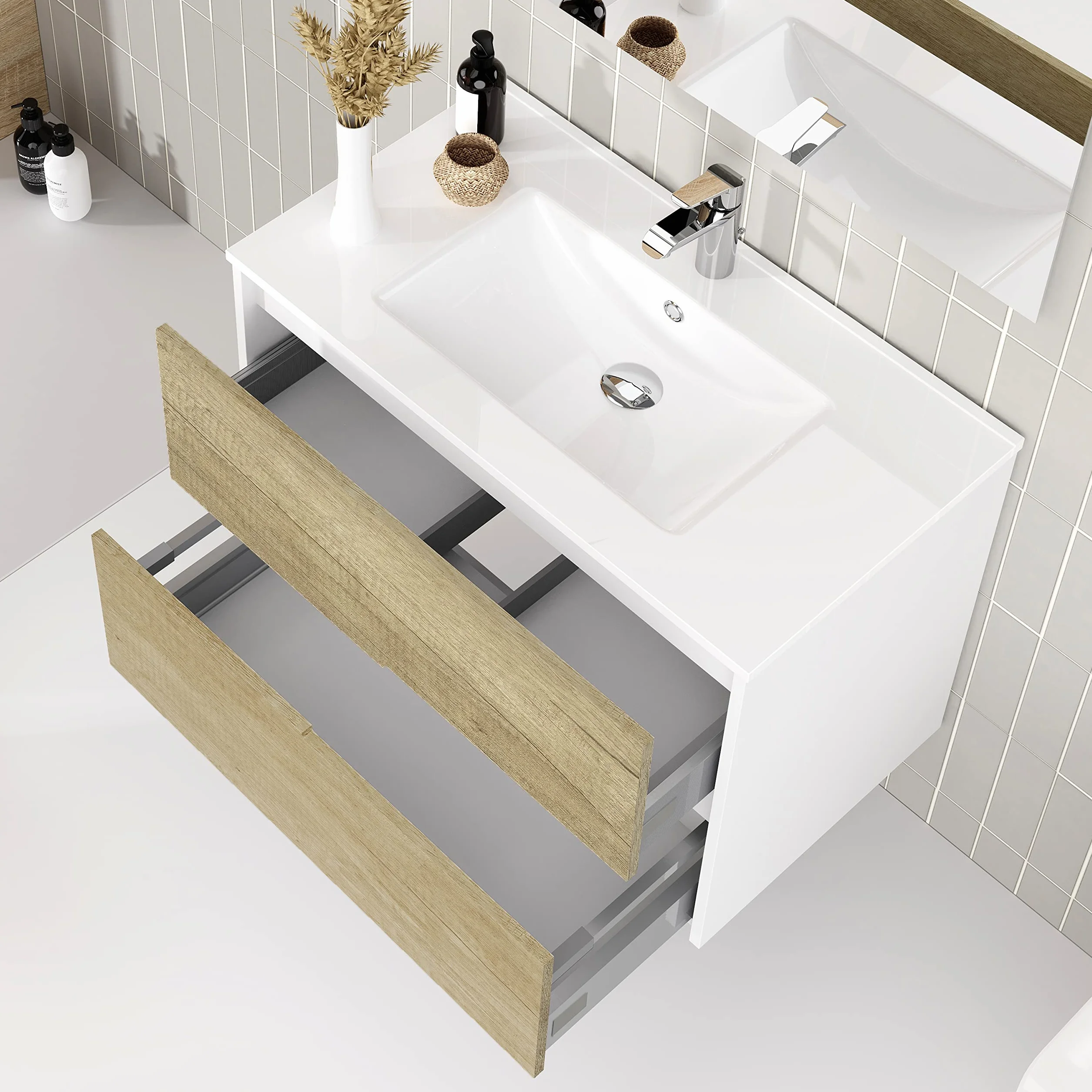 Baikal Mueble de baño Gavin suspendido 2 cajones con lavabo cerámico y espejo 80 cm Nature