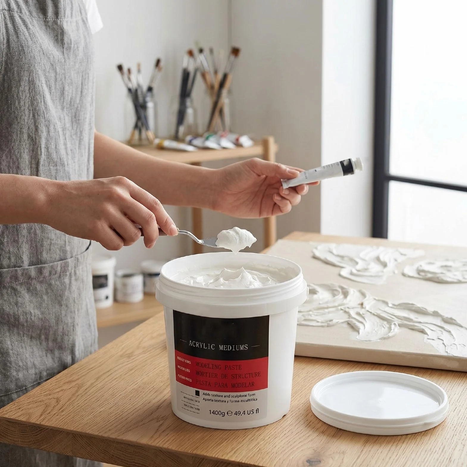 Sxhlseller Textura Acrílica de Cuerpo Pesado Medio 1400g |Pasta de Modelado de Alta Densidad y Secado Rápido para Lienzos, Madera y Pintura Artística Gruesa