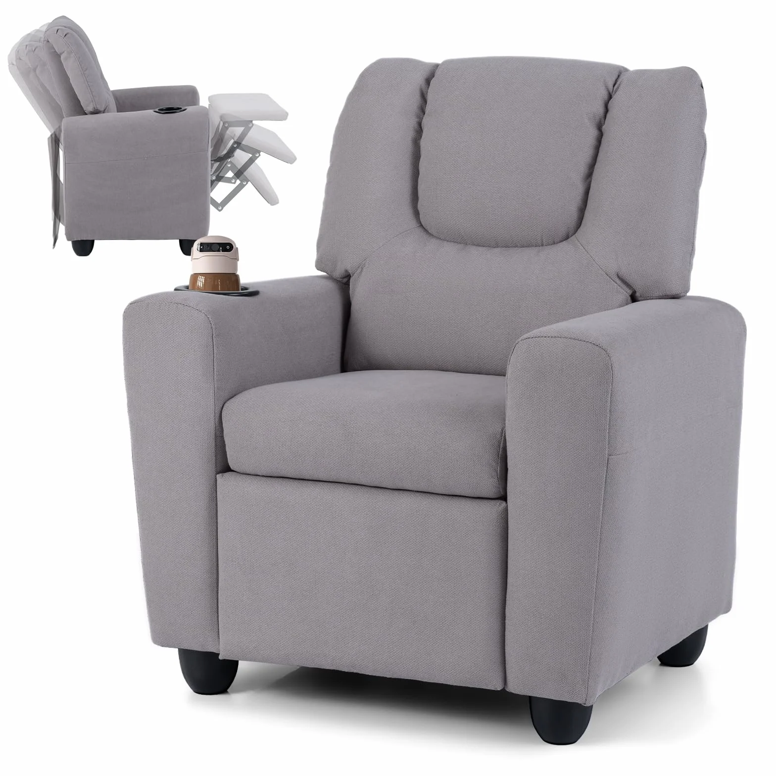 GOPLUS Sillón Reclinable Infantil con Portavasos, Silla Reclinable de Tela de Terciopelo con Respaldo y Reposapiés Ajustables, Cojín de Asiento con Resortes, Sofá para Niños de 3+ Años (Gris)