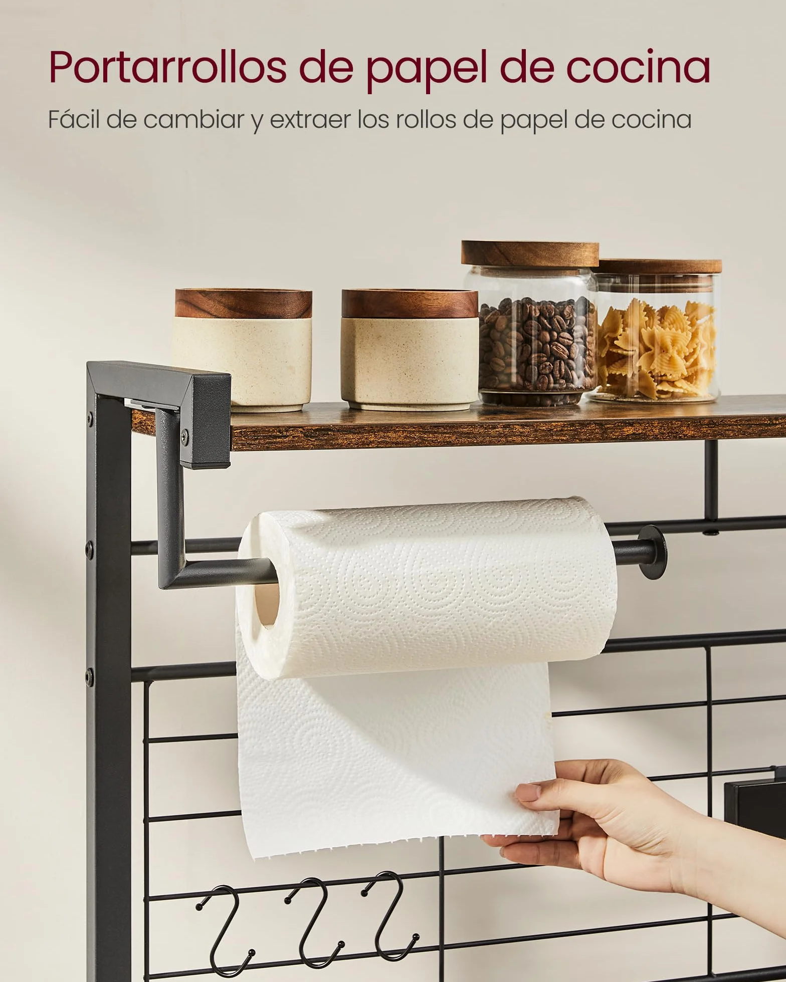 VASAGLE Estantería de Cocina, Soporte para Panadería, Isla de Cocina con Tira Magnética de Cuchillo, Cesta de Alambre, Soporte de Papel, 12 Ganchos, Marrón Rústico y Negro KKS026B01