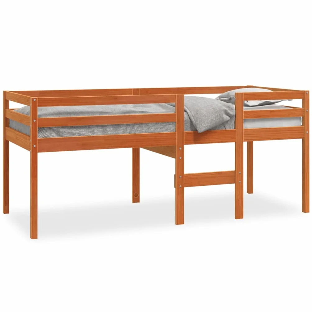Cama alta marrón cera 80 x 200 cm madera maciza de pino, estructura de cama robusta para niños y jóvenes, mueble para dormitorio, diseño seguro con escalera