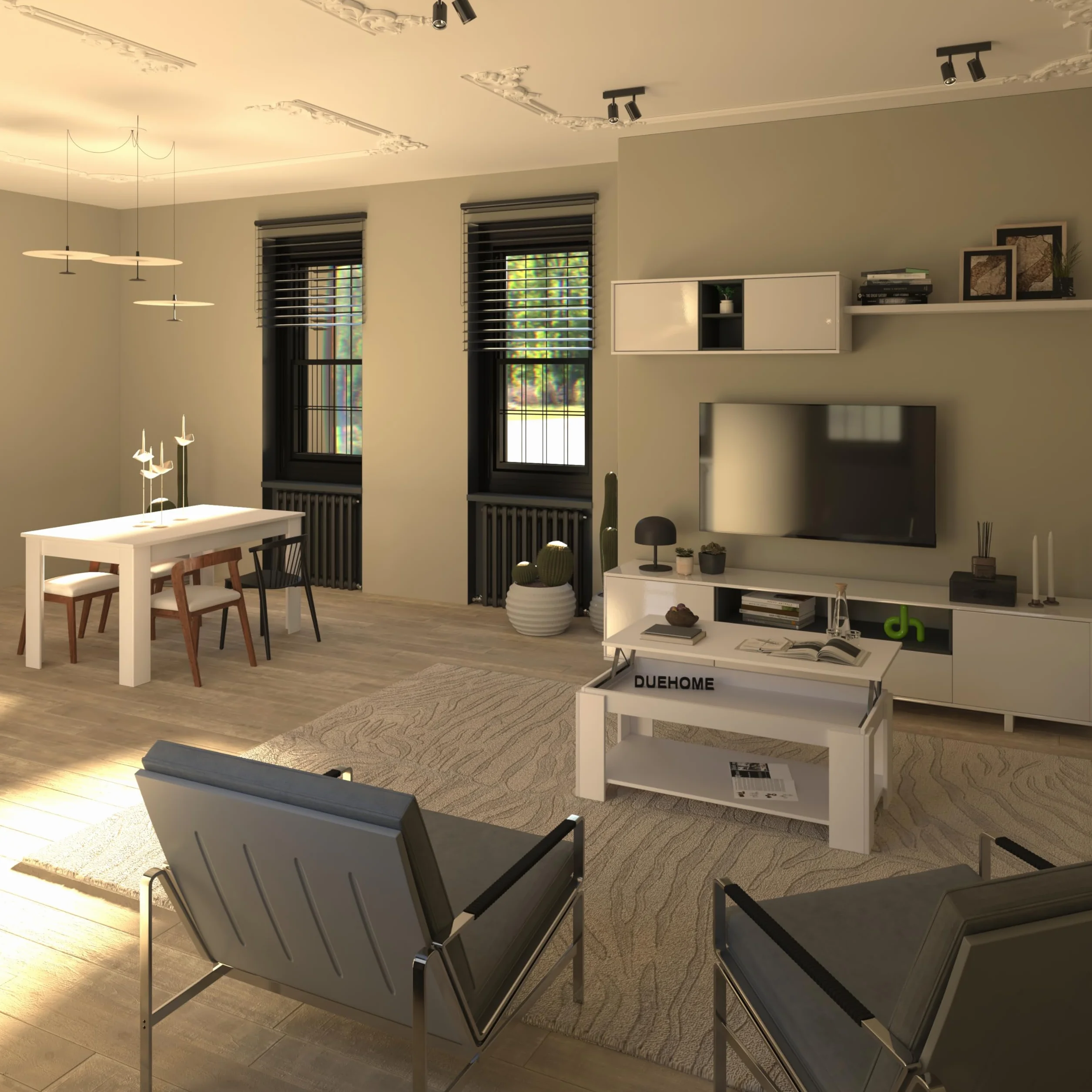 duehome | Mueble de Salon Moderno, Modulos Comedor, Modelo Kenzo, Acabado en Blanco Brillo y Gris Antracita, Medidas: 200 cm (Ancho) x 41 cm (Fondo) x 46 cm (Alto)