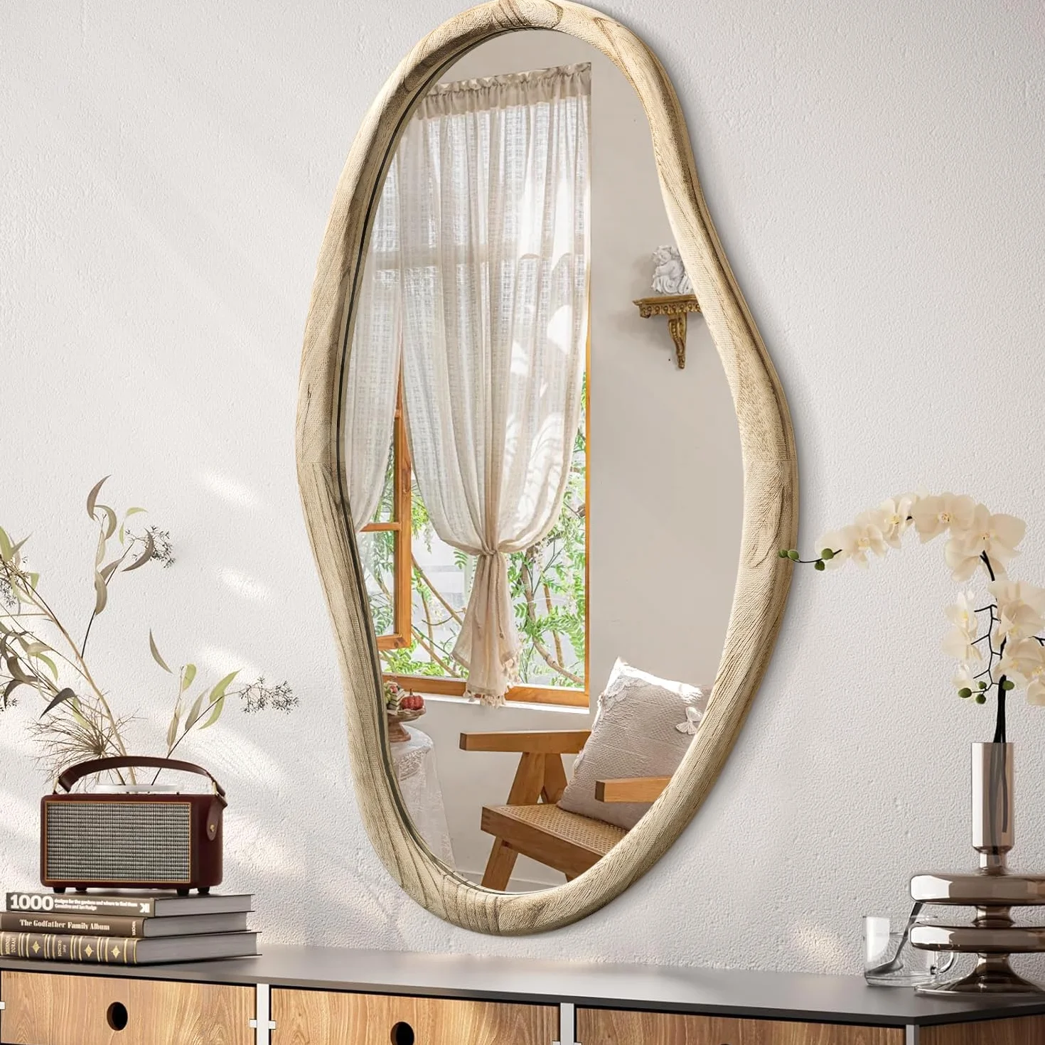 JJUUYOU Espejo de madera irregular asimétrico para montar en la pared del baño 90x60 cm Espejo grande horizontal o vertical para colgar en la pared para maquillaje, dormitorio, sala de estar, de