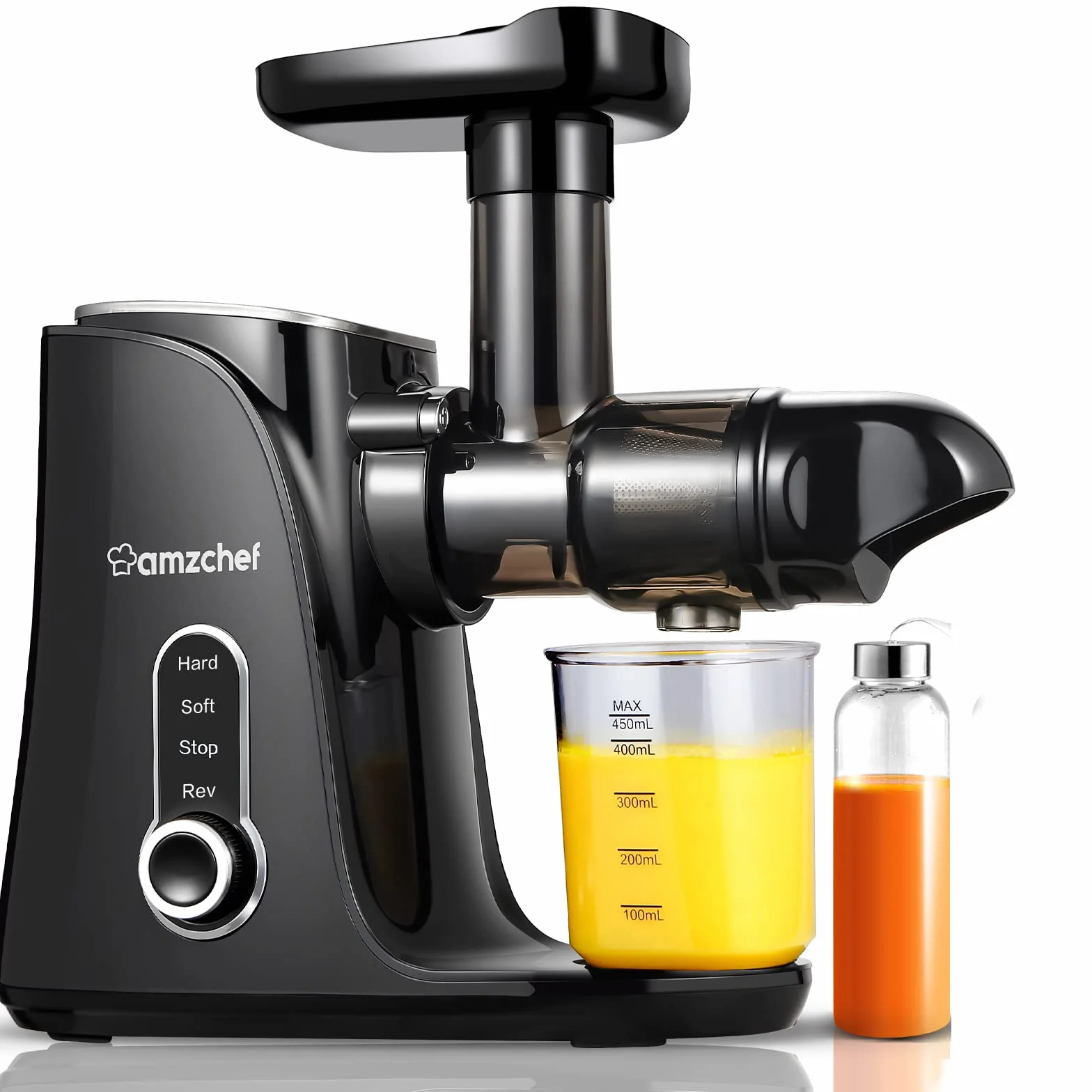 AMZCHEF Licuadora para Verduras y Frutas con 2 Modos de Velocidad - Licuadora Prensado en Frio con Función Inversa - Extractor de Zumos y Verduras con Botella Portátil y 2 Tazas - Negro Juicer