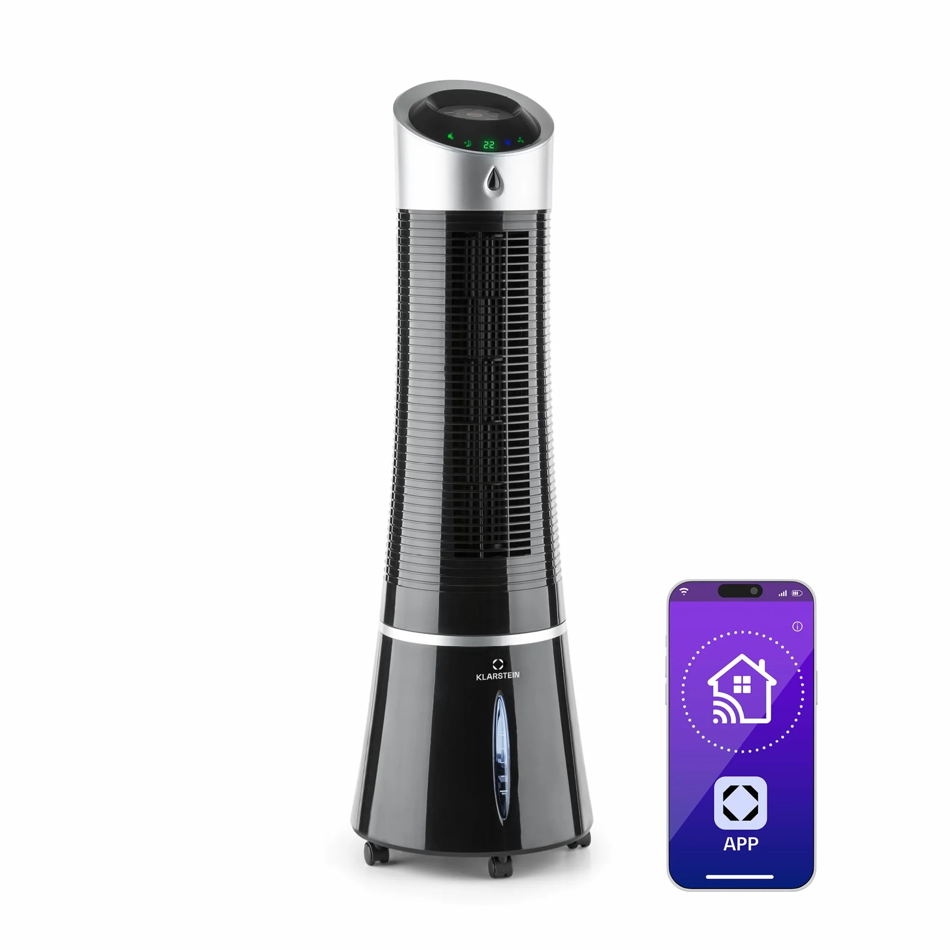 Klarstein Skyscraper Ice Smart Climatizador Evaporativo – 4 en 1: Ventilador, Enfriador, Purificador & Humidificador, 180 m³/h, Control App & Alexa, Depósito 6L, Oscilación, Ionizador, Negro