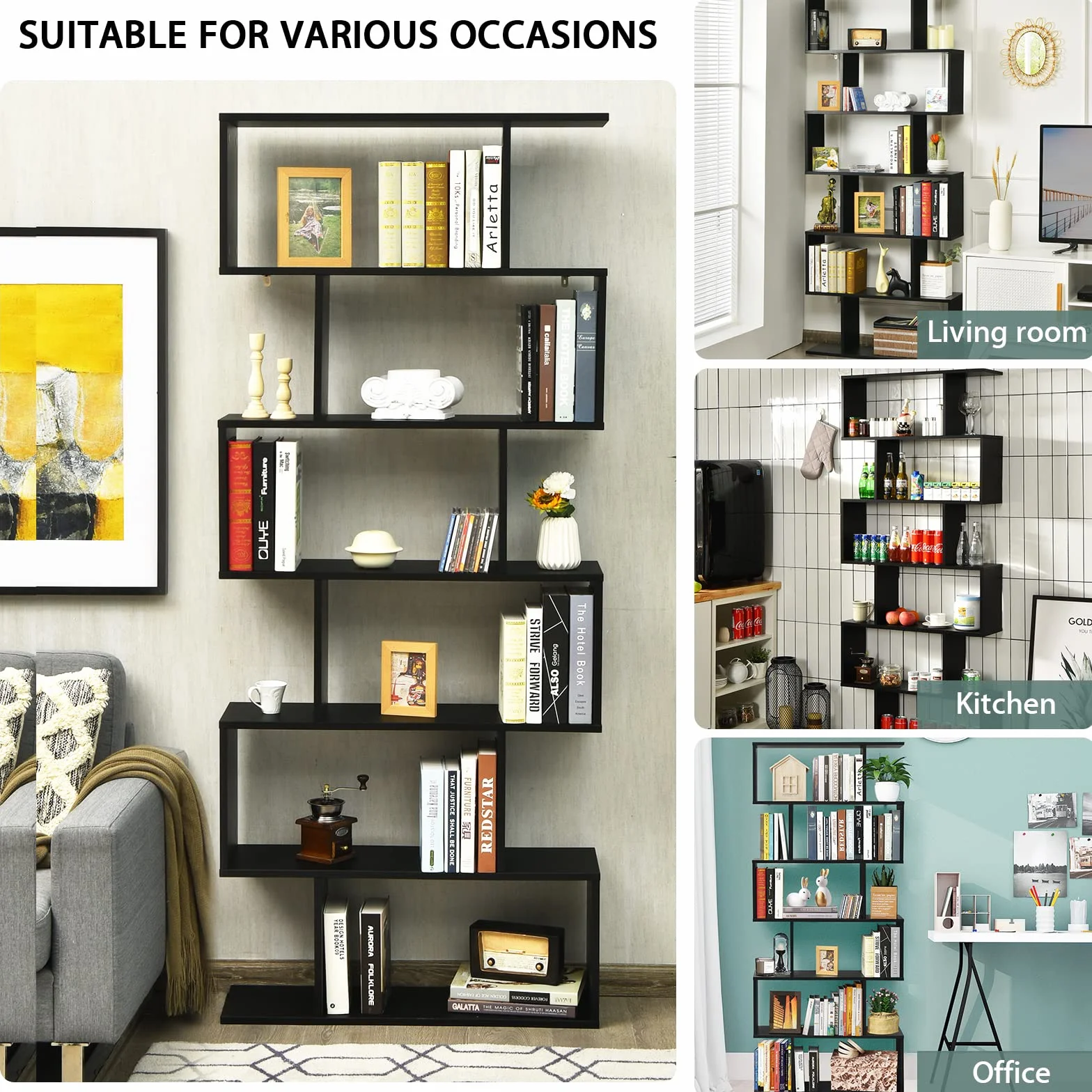 GIANTEX Librería en Forma de S, Estantería para Libros con 6 Estantes, 80 x 23 x 191 cm, Estantería de Almacenamiento Multifuncional, Diseño Antivuelco, para Salón, Estudio (Negro)