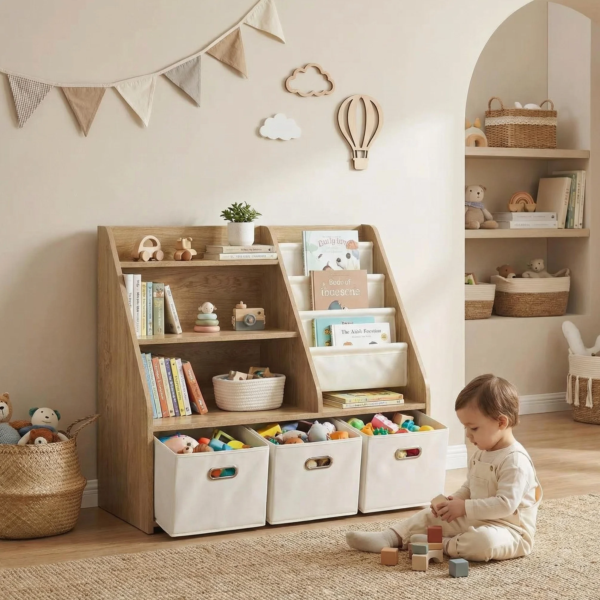 Estantería para niños con Almacenamiento – Montessori – Estantería de Madera para Juguetes de 4 Niveles con 3 cajones y 4 Cajas de Tela | Organizador para habitación Infantil y Sala de Juegos