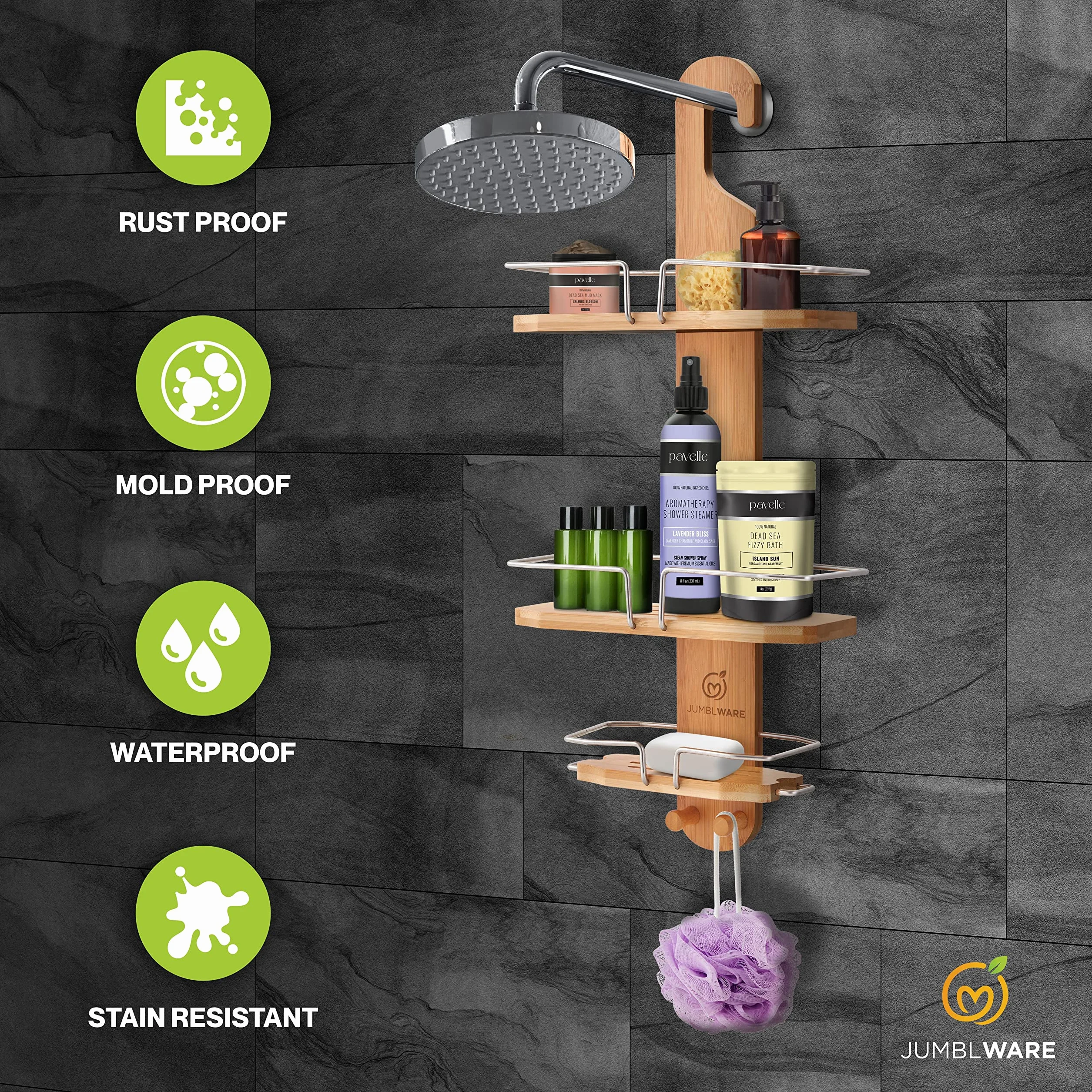 JumblWare Organizador de ducha de bambú. Organizador de bañera de 3 niveles para colgar sobre cabezal de ducha con soporte para cepillo de dientes, ganchos para maquinilla de afeitar y estante con