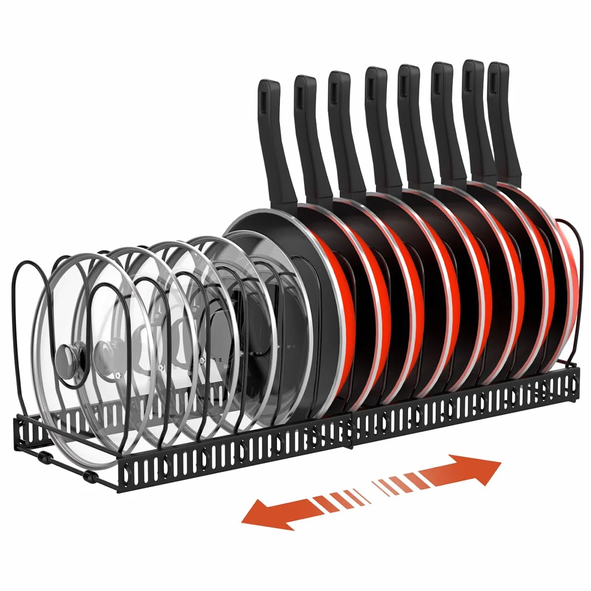Organizador de Ollas y Sartenes Extensible con 14 Compartimentos Ajustable Soporte Tapas Negro
