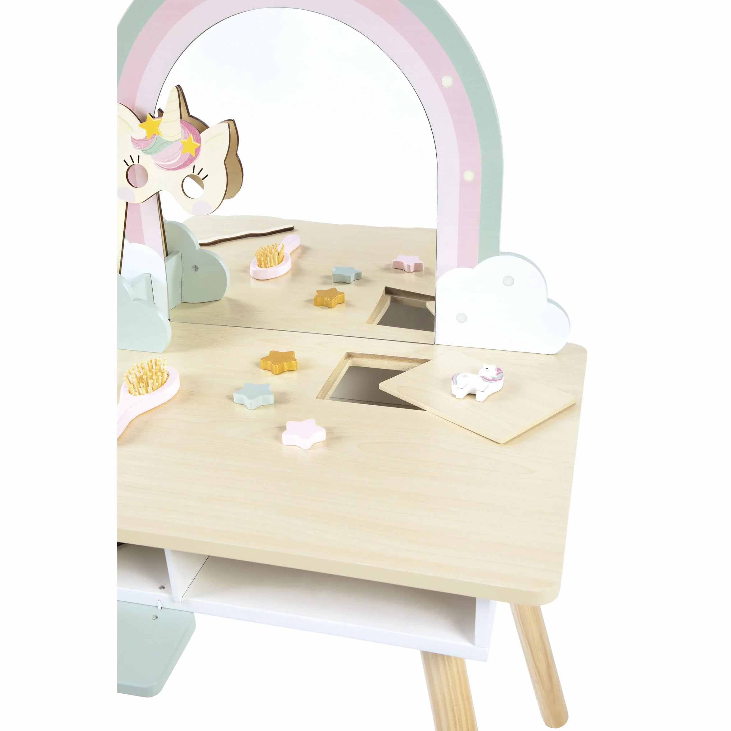 Janod Tocador Niña Unicornio Imitación Juego con Espejo y Taburete 10 Accesorios 56,6x42,5x86,25 cm 3+