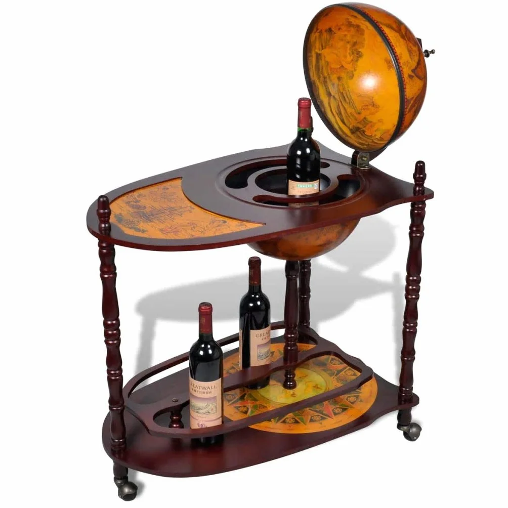 Tidyard Mueble Bar con Ruedas en Forma de Globo Terráqueo Estante de Botellas Botellero de Madera para Vino Licor Bebidas y Bebidas Decoración para Hogar Oficina 77x45x99cm