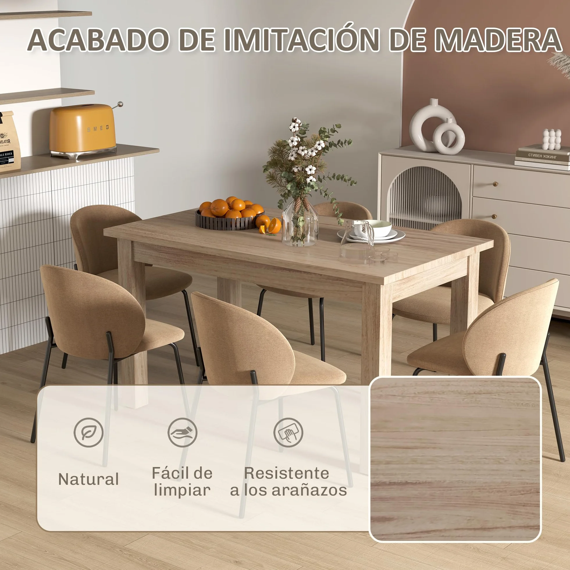 HOMCOM Mesa de Comedor para 6 Personas Salón Cocina 140x80x78 cm Natural | Mesa de Cocina, Tablero Laminado